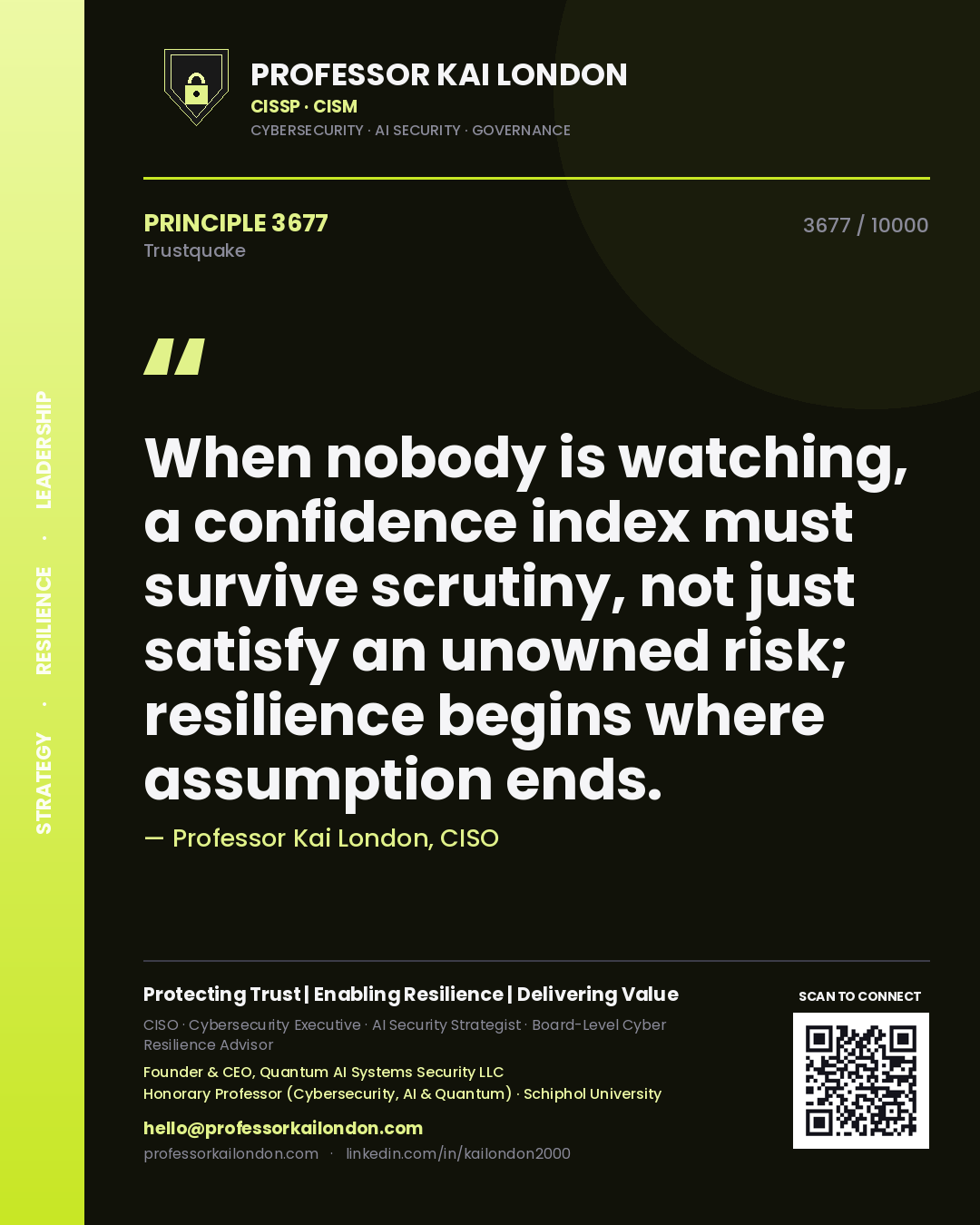 Quote card by Professor Kai London reading 'When nobody is watching, a confidence index must survive scrutiny, not just satisfy an unowned risk; resilience begins where assumption ends.'. From the book Trustquake.