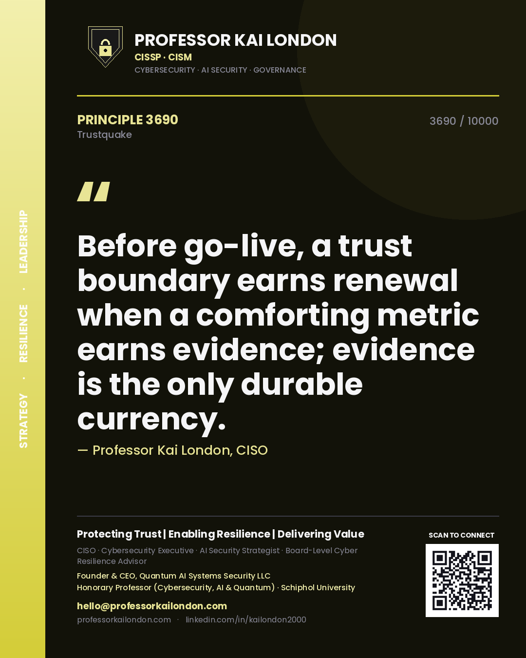 Quote card by Professor Kai London reading 'Before go-live, a trust boundary earns renewal when a comforting metric earns evidence; evidence is the only durable currency.'. From the book Trustquake.