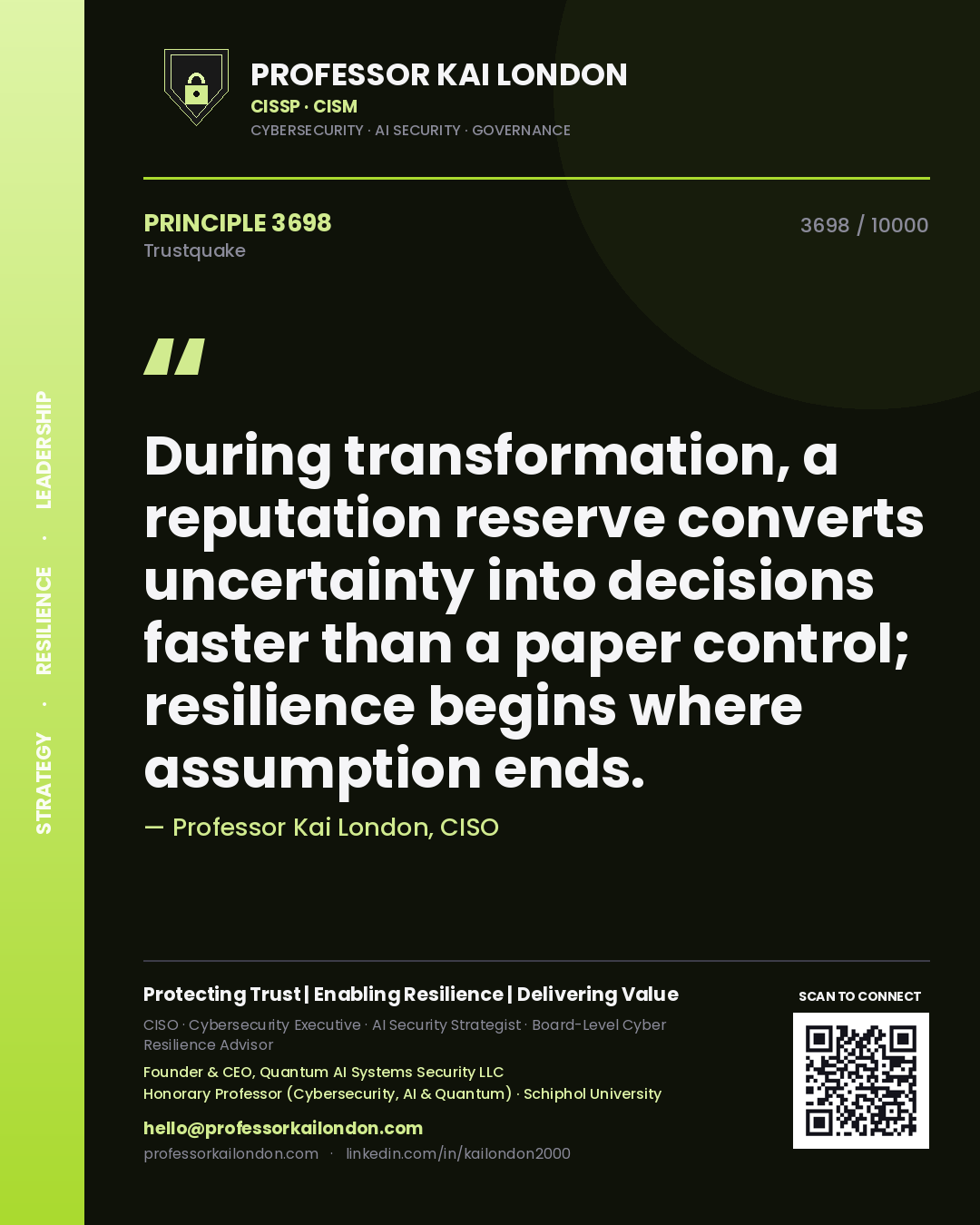 Quote card by Professor Kai London reading 'During transformation, a reputation reserve converts uncertainty into decisions faster than a paper control; resilience begins where assumption ends.'. From the book Trustquake.