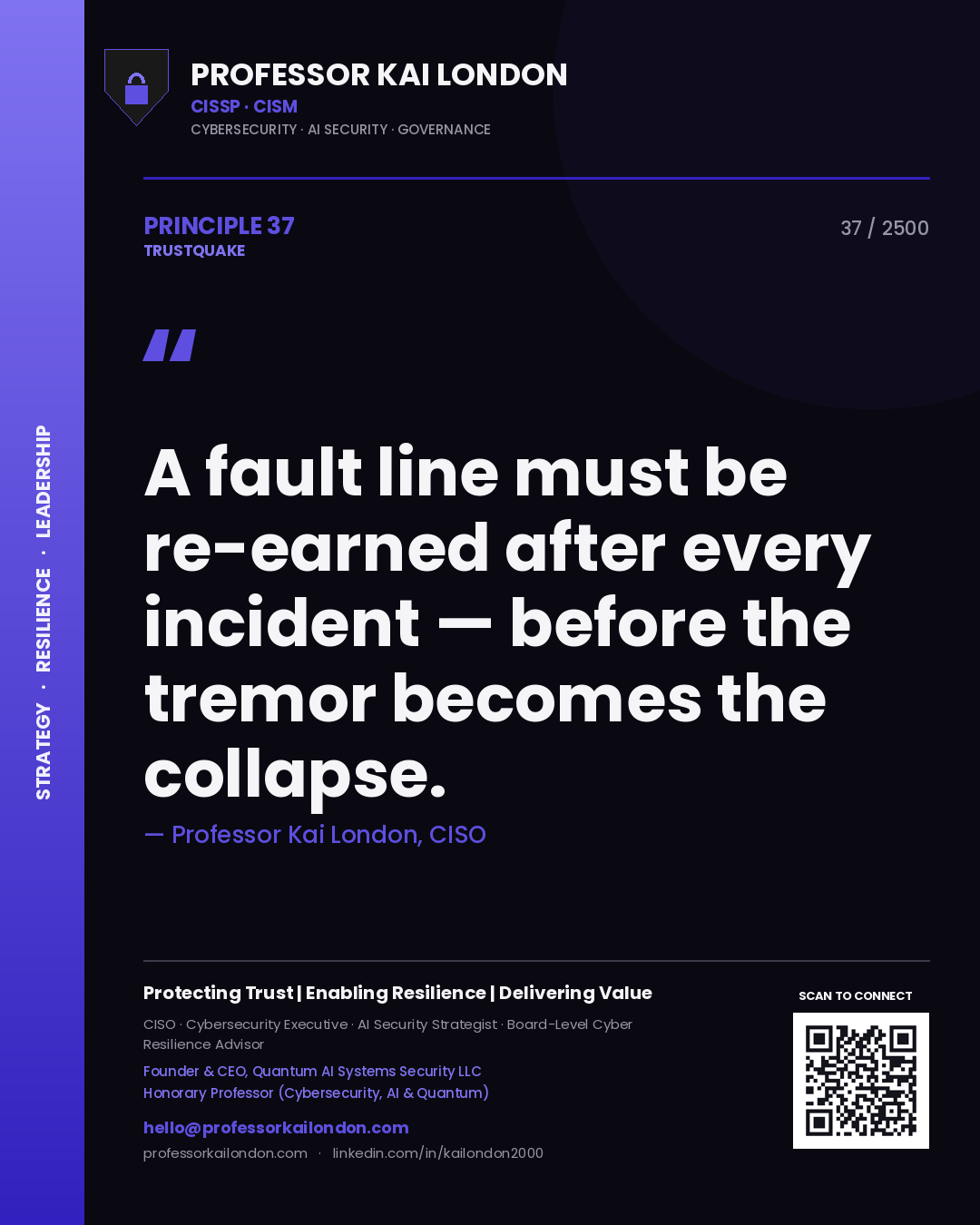 Quote card by Professor Kai London reading 'A fault line must be re-earned after every incident — before the tremor becomes the collapse.'. From the book Trustquake.