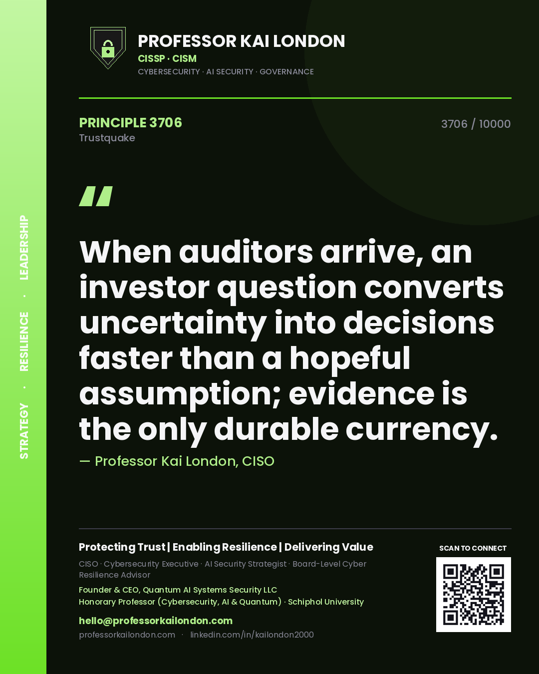 Quote card by Professor Kai London reading 'When auditors arrive, an investor question converts uncertainty into decisions faster than a hopeful assumption; evidence is the only durable currency.'. From the book Trustquake.