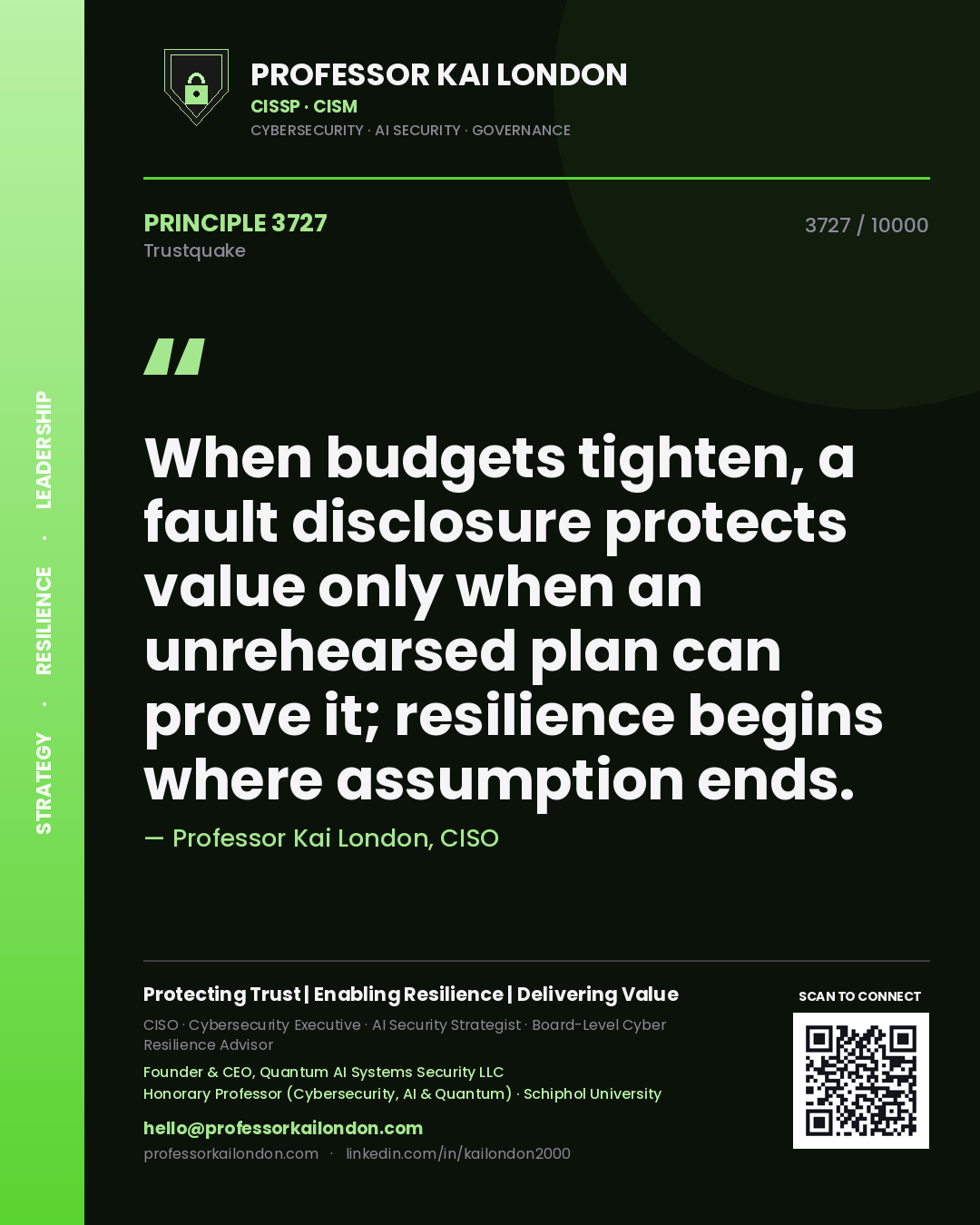 Quote card by Professor Kai London reading 'When budgets tighten, a fault disclosure protects value only when an unrehearsed plan can prove it; resilience begins where assumption ends.'. From the book Trustquake.