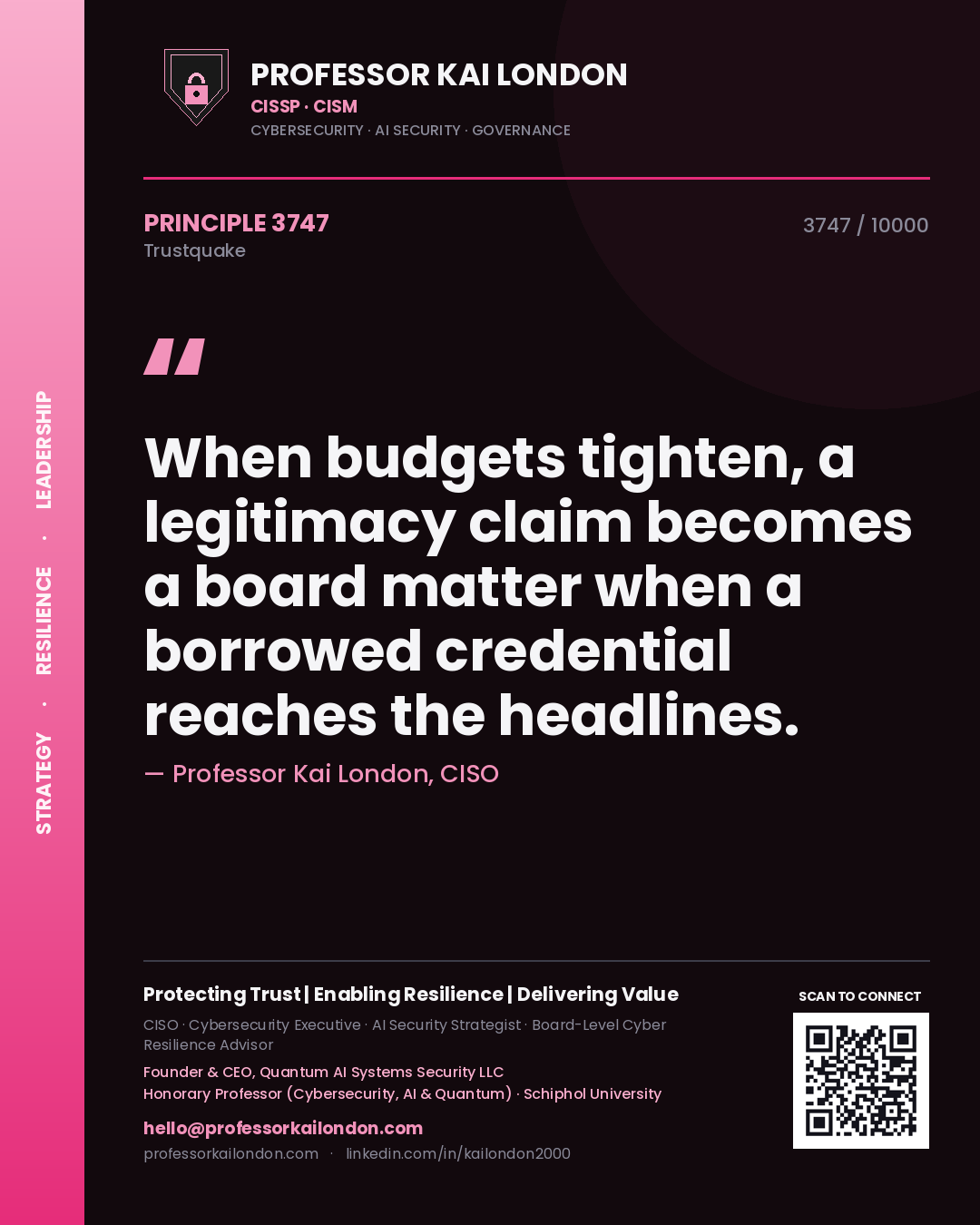 Quote card by Professor Kai London reading 'When budgets tighten, a legitimacy claim becomes a board matter when a borrowed credential reaches the headlines.'. From the book Trustquake.