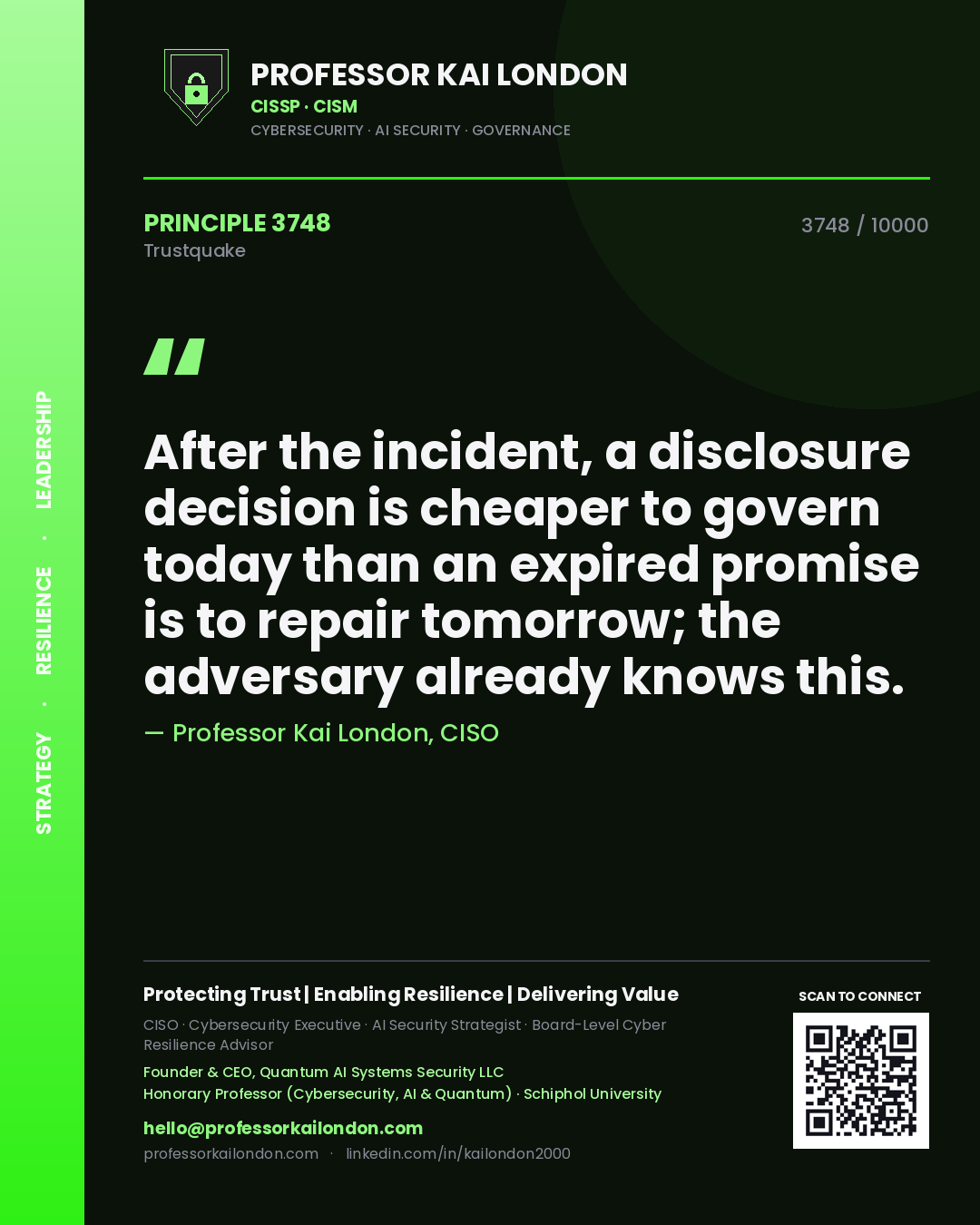 Quote card by Professor Kai London reading 'After the incident, a disclosure decision is cheaper to govern today than an expired promise is to repair tomorrow; the adversary already knows this.'. From the book Trustquake.