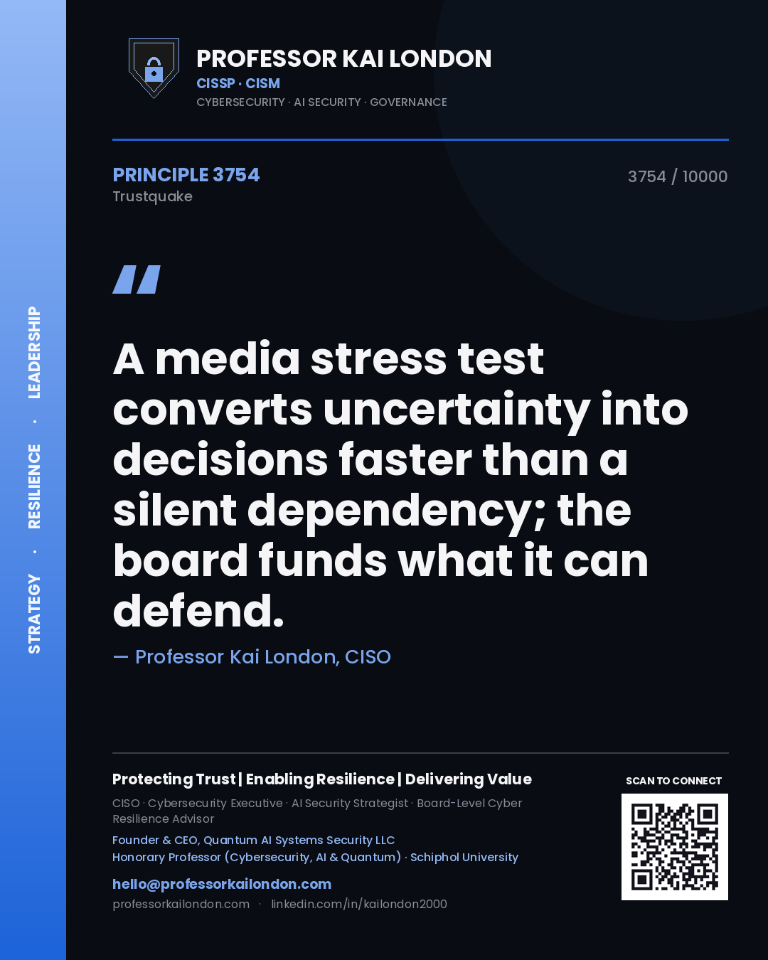 Quote card by Professor Kai London reading 'A media stress test converts uncertainty into decisions faster than a silent dependency; the board funds what it can defend.'. From the book Trustquake.