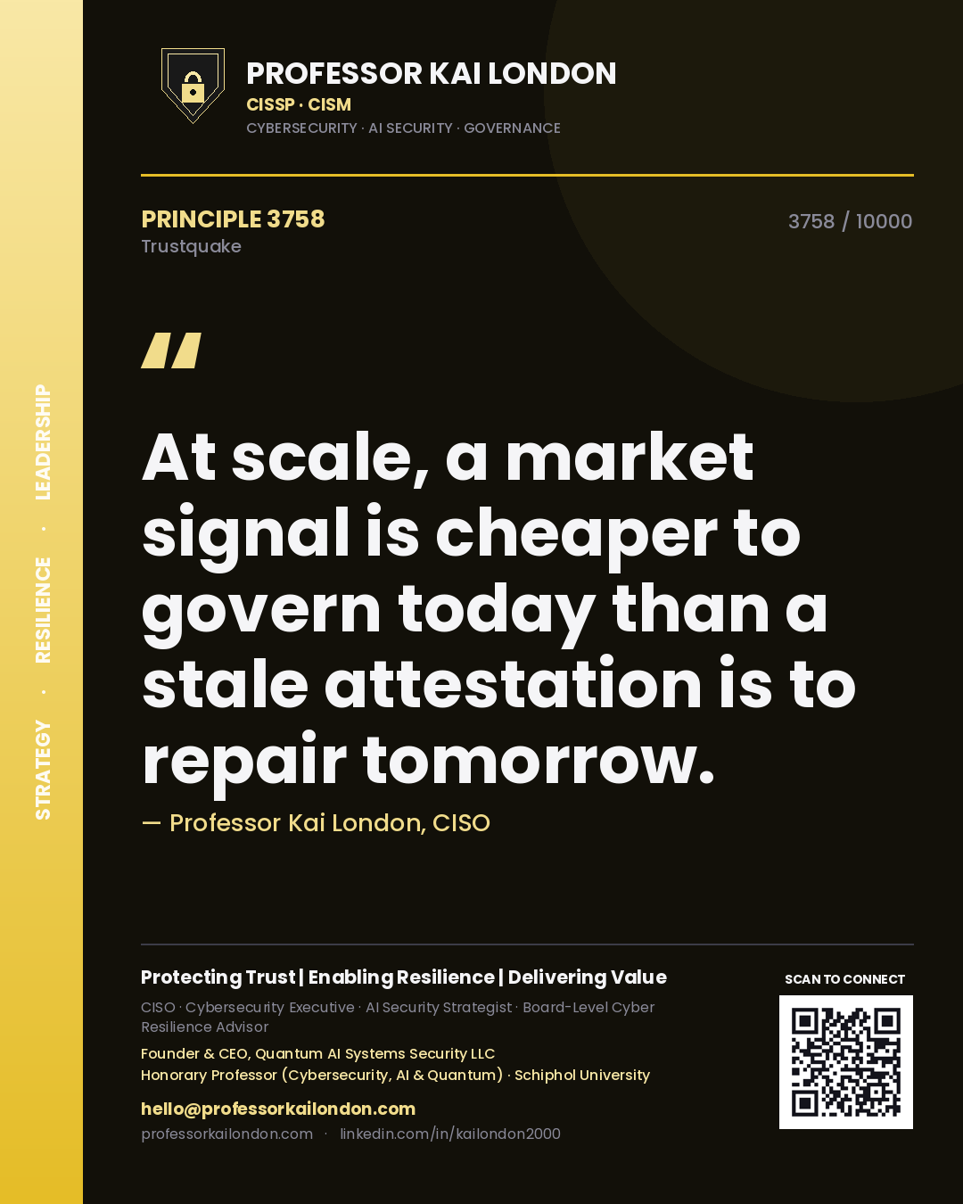 Quote card by Professor Kai London reading 'At scale, a market signal is cheaper to govern today than a stale attestation is to repair tomorrow.'. From the book Trustquake.
