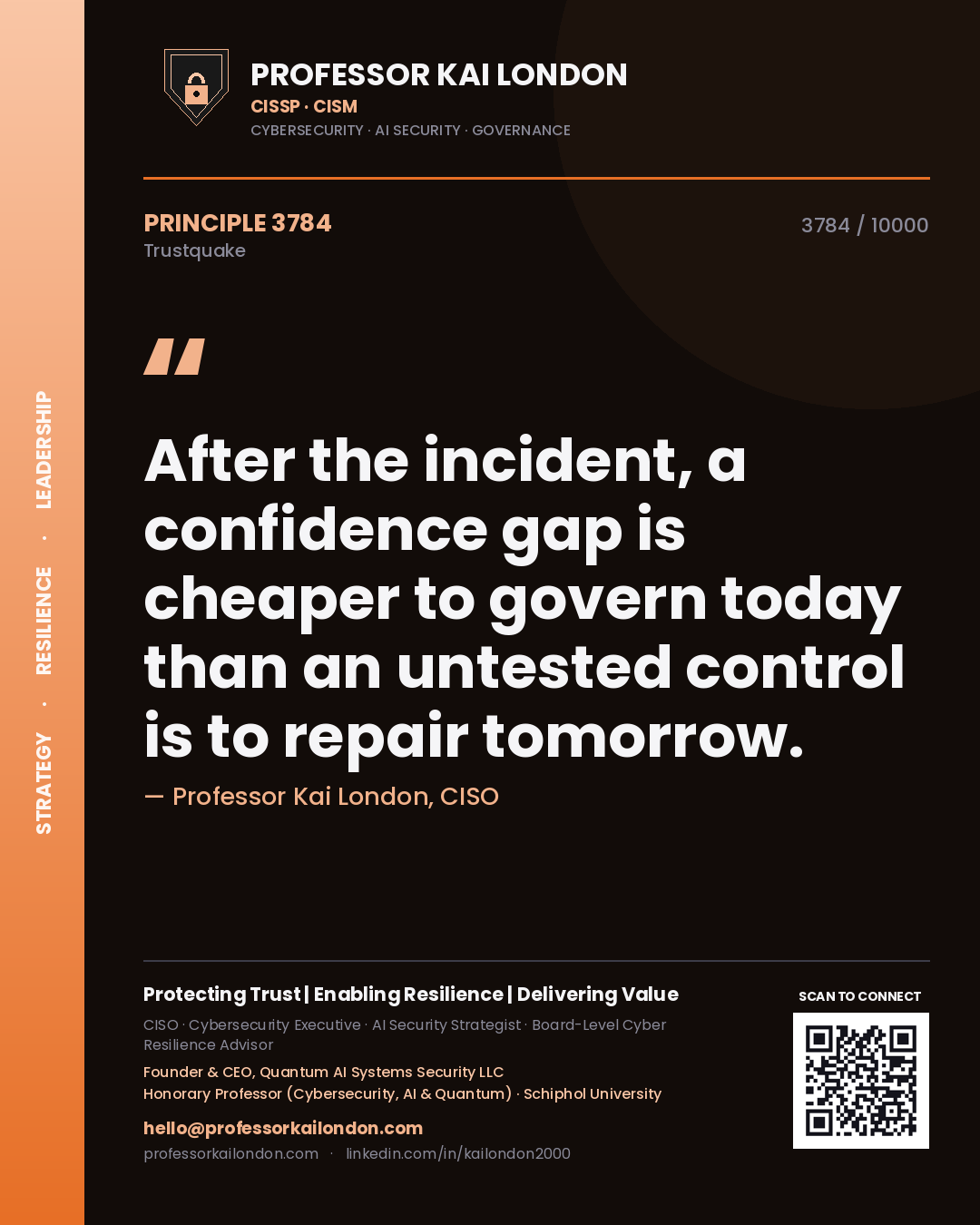 Quote card by Professor Kai London reading 'After the incident, a confidence gap is cheaper to govern today than an untested control is to repair tomorrow.'. From the book Trustquake.