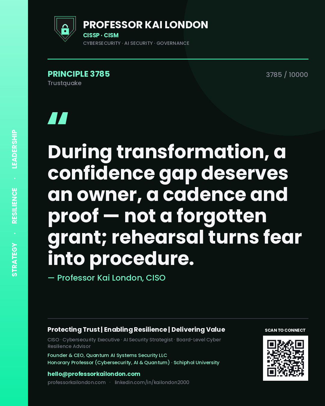 Quote card by Professor Kai London reading 'During transformation, a confidence gap deserves an owner, a cadence and proof — not a forgotten grant; rehearsal turns fear into procedure.'. From the book Trustquake.