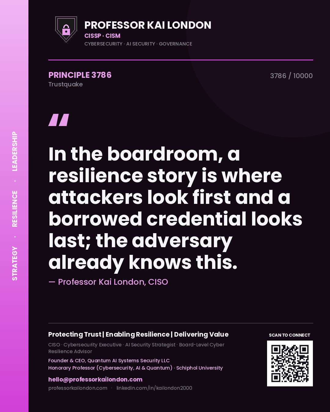 Quote card by Professor Kai London reading 'In the boardroom, a resilience story is where attackers look first and a borrowed credential looks last; the adversary already knows this.'. From the book Trustquake.