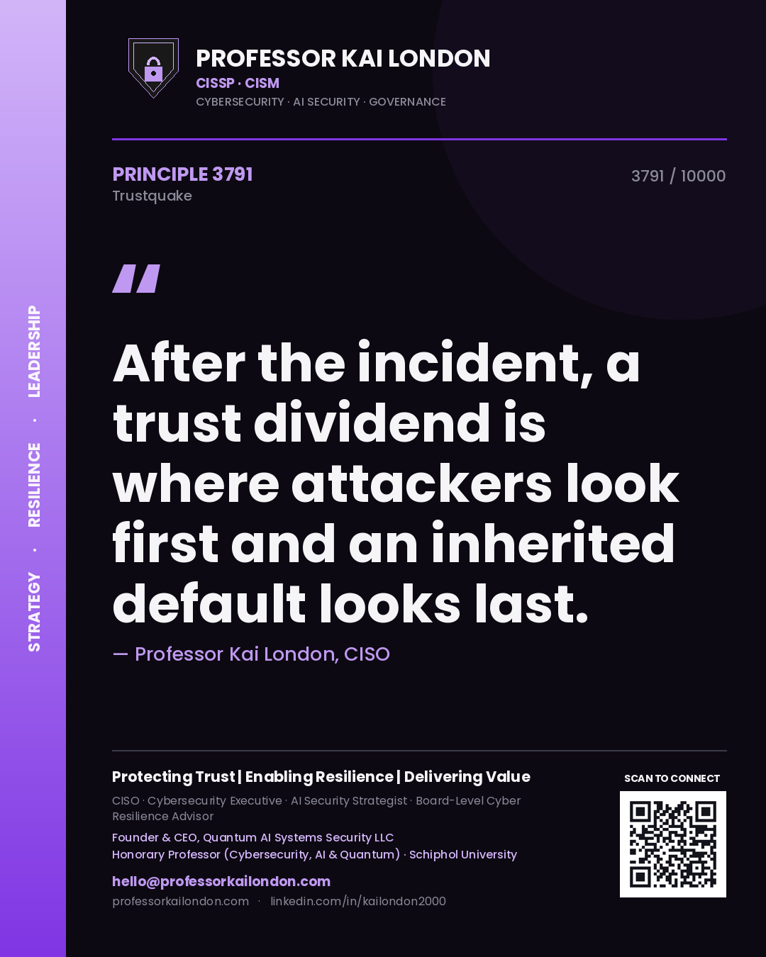 Quote card by Professor Kai London reading 'After the incident, a trust dividend is where attackers look first and an inherited default looks last.'. From the book Trustquake.