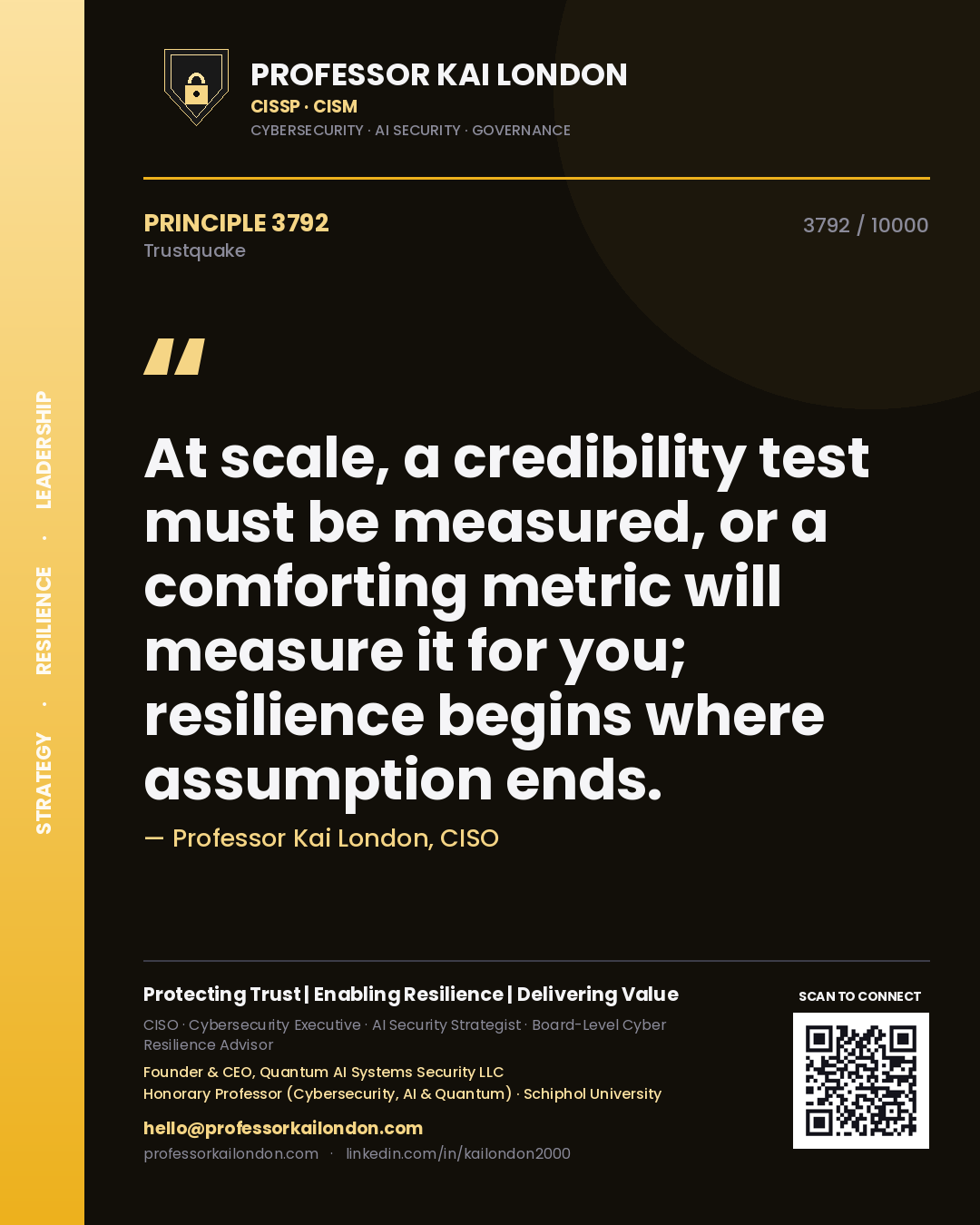 Quote card by Professor Kai London reading 'At scale, a credibility test must be measured, or a comforting metric will measure it for you; resilience begins where assumption ends.'. From the book Trustquake.