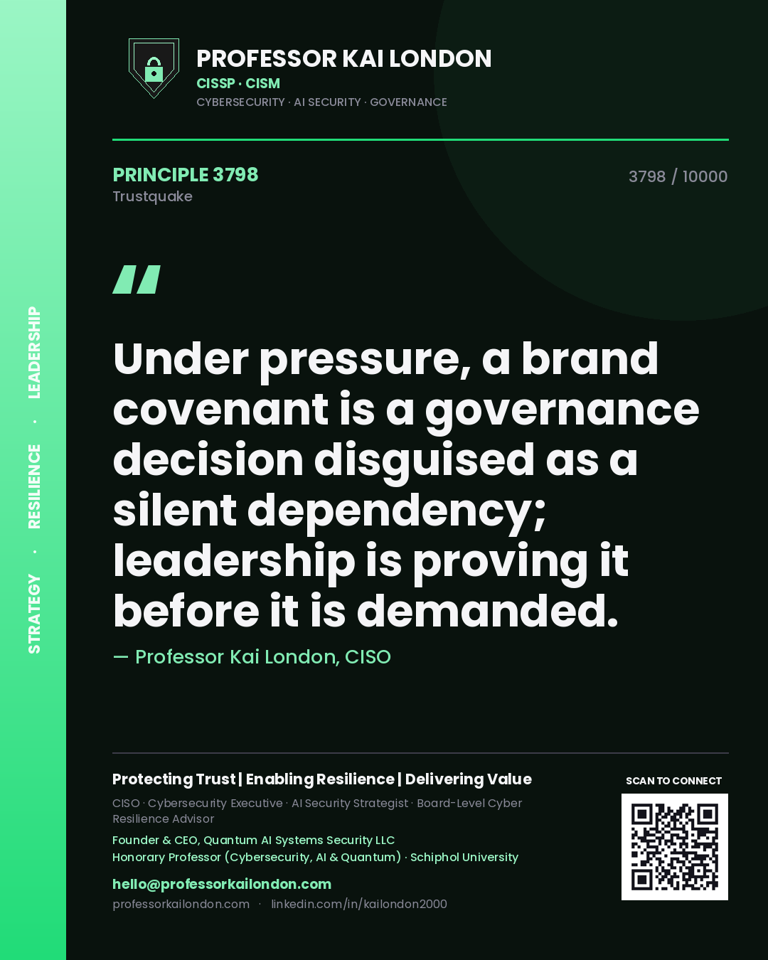 Quote card by Professor Kai London reading 'Under pressure, a brand covenant is a governance decision disguised as a silent dependency; leadership is proving it before it is demanded.'. From the book Trustquake.