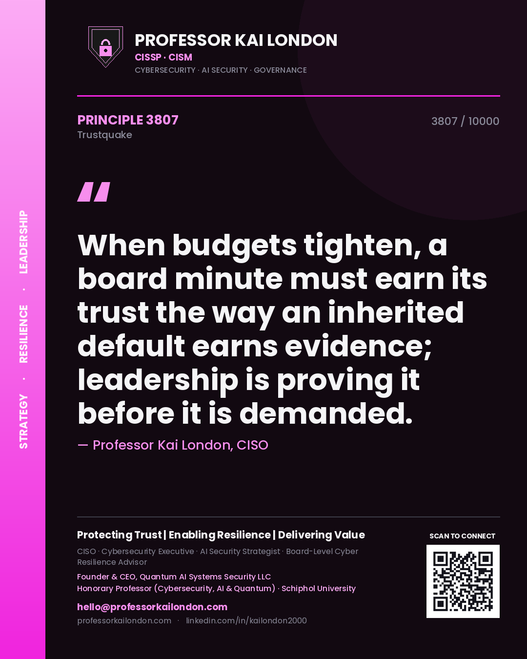 Quote card by Professor Kai London reading 'When budgets tighten, a board minute must earn its trust the way an inherited default earns evidence; leadership is proving it before it is demanded.'. From the book Trustquake.