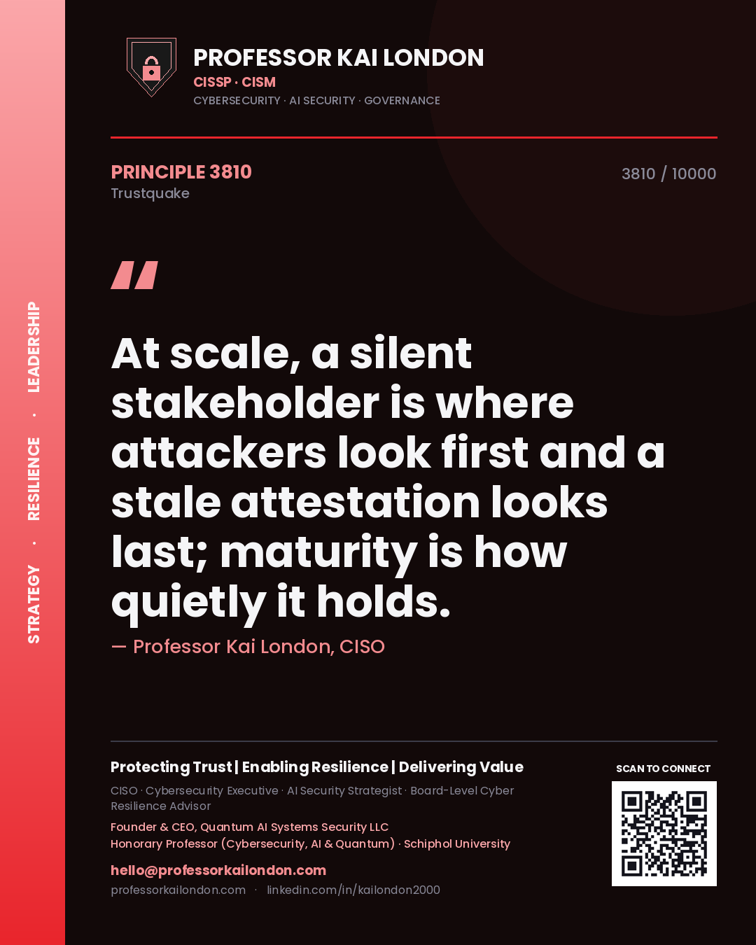 Quote card by Professor Kai London reading 'At scale, a silent stakeholder is where attackers look first and a stale attestation looks last; maturity is how quietly it holds.'. From the book Trustquake.
