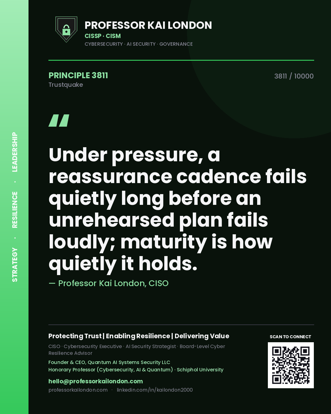 Quote card by Professor Kai London reading 'Under pressure, a reassurance cadence fails quietly long before an unrehearsed plan fails loudly; maturity is how quietly it holds.'. From the book Trustquake.
