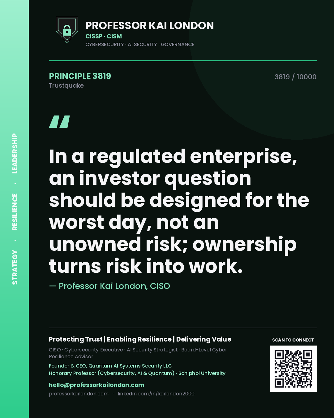 Quote card by Professor Kai London reading 'In a regulated enterprise, an investor question should be designed for the worst day, not an unowned risk; ownership turns risk into work.'. From the book Trustquake.