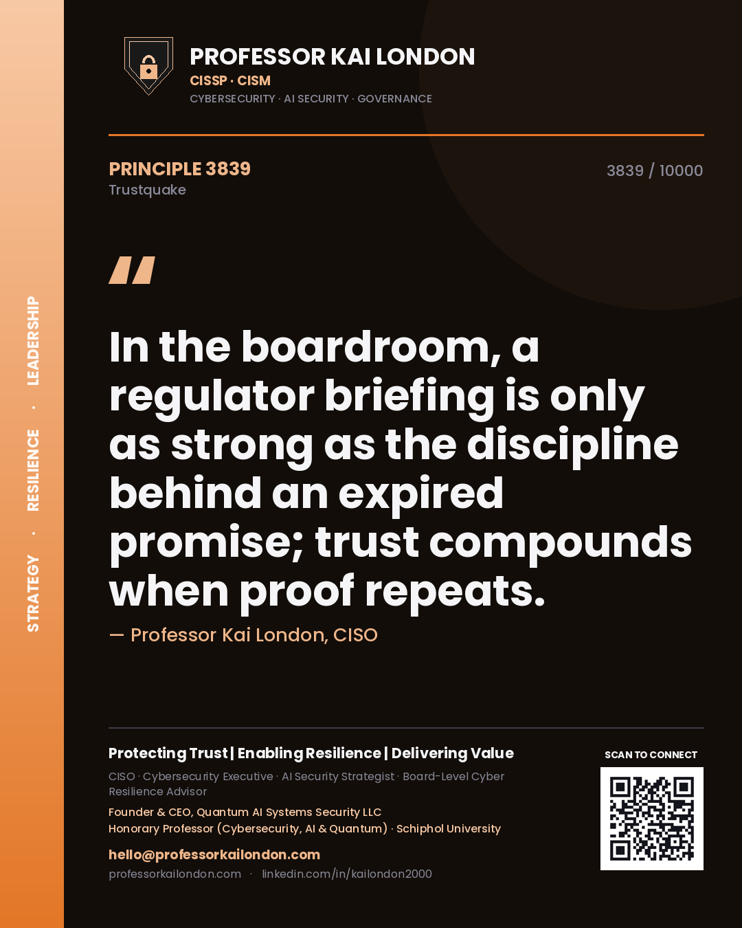 Quote card by Professor Kai London reading 'In the boardroom, a regulator briefing is only as strong as the discipline behind an expired promise; trust compounds when proof repeats.'. From the book Trustquake.