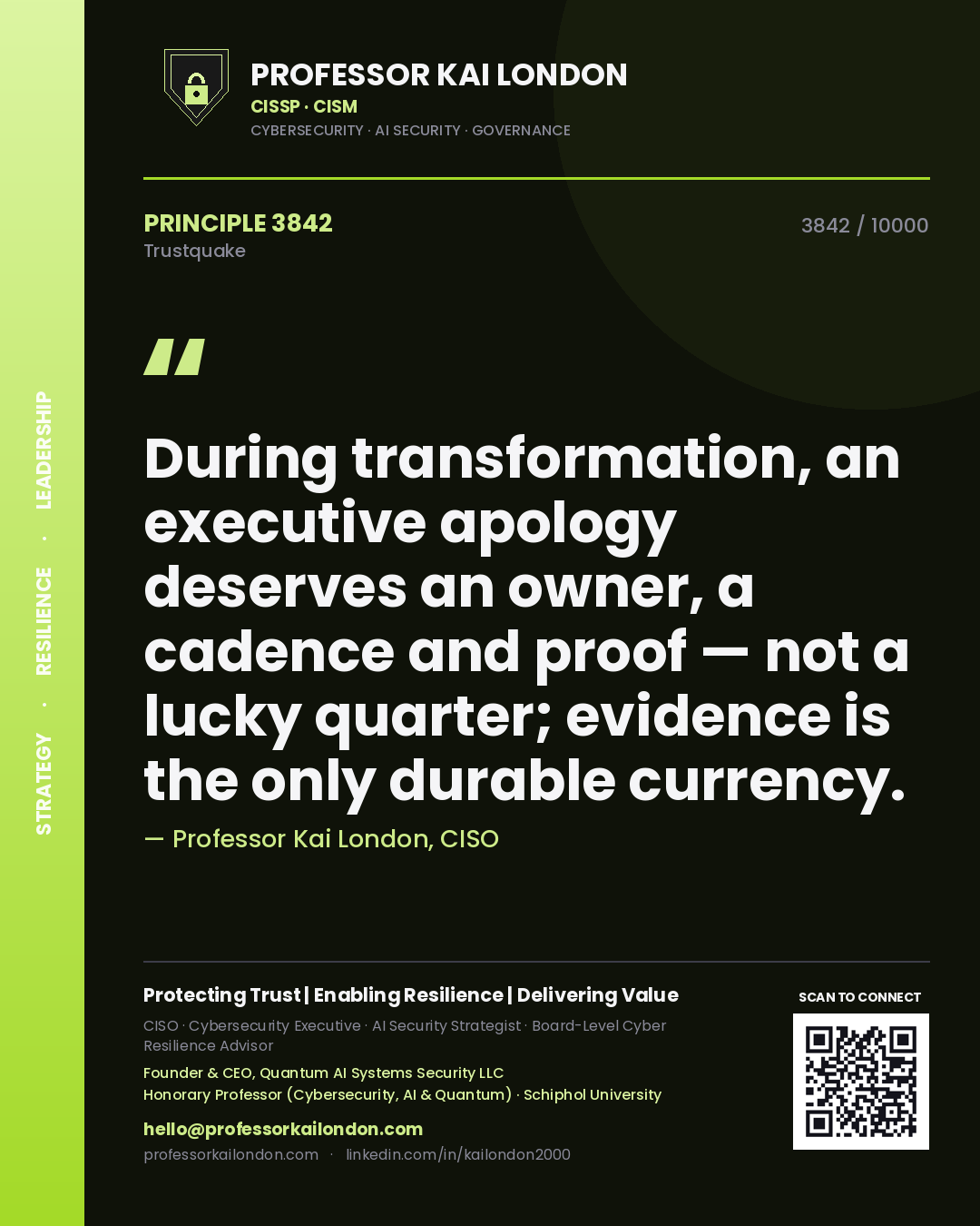 Quote card by Professor Kai London reading 'During transformation, an executive apology deserves an owner, a cadence and proof — not a lucky quarter; evidence is the only durable currency.'. From the book Trustquake.