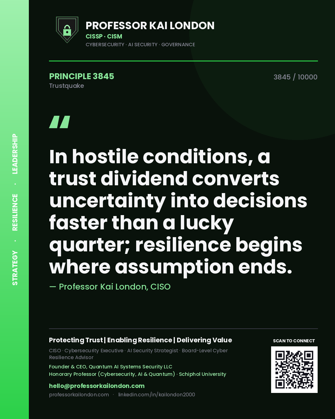 Quote card by Professor Kai London reading 'In hostile conditions, a trust dividend converts uncertainty into decisions faster than a lucky quarter; resilience begins where assumption ends.'. From the book Trustquake.