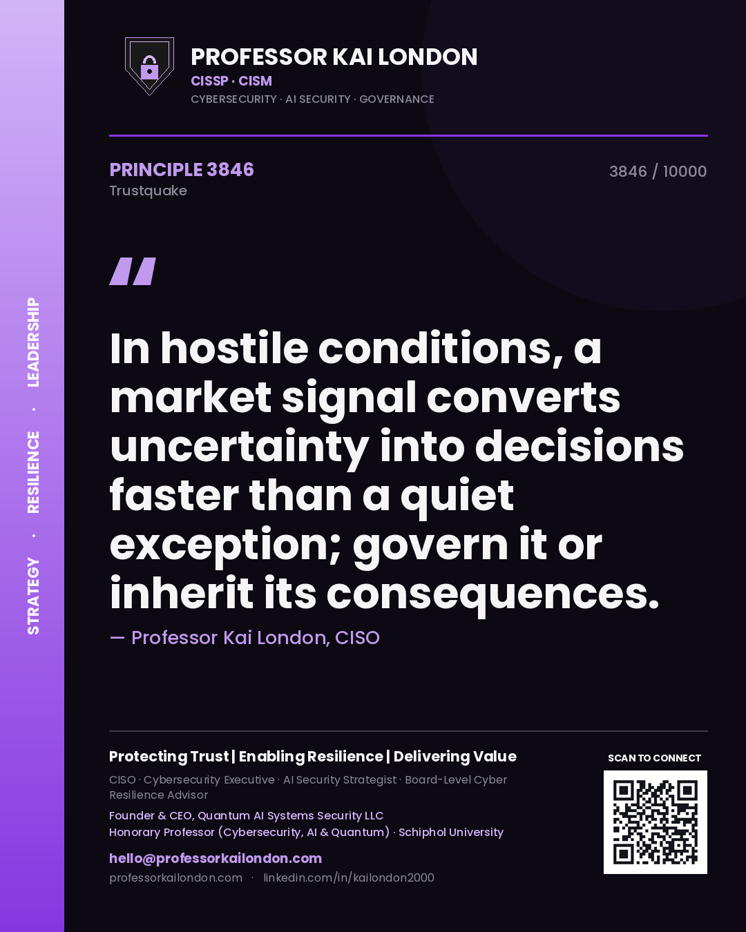 Quote card by Professor Kai London reading 'In hostile conditions, a market signal converts uncertainty into decisions faster than a quiet exception; govern it or inherit its consequences.'. From the book Trustquake.