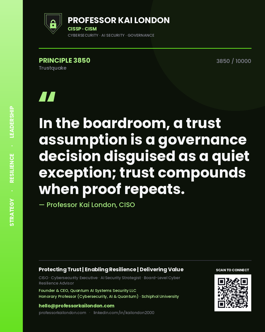 Quote card by Professor Kai London reading 'In the boardroom, a trust assumption is a governance decision disguised as a quiet exception; trust compounds when proof repeats.'. From the book Trustquake.