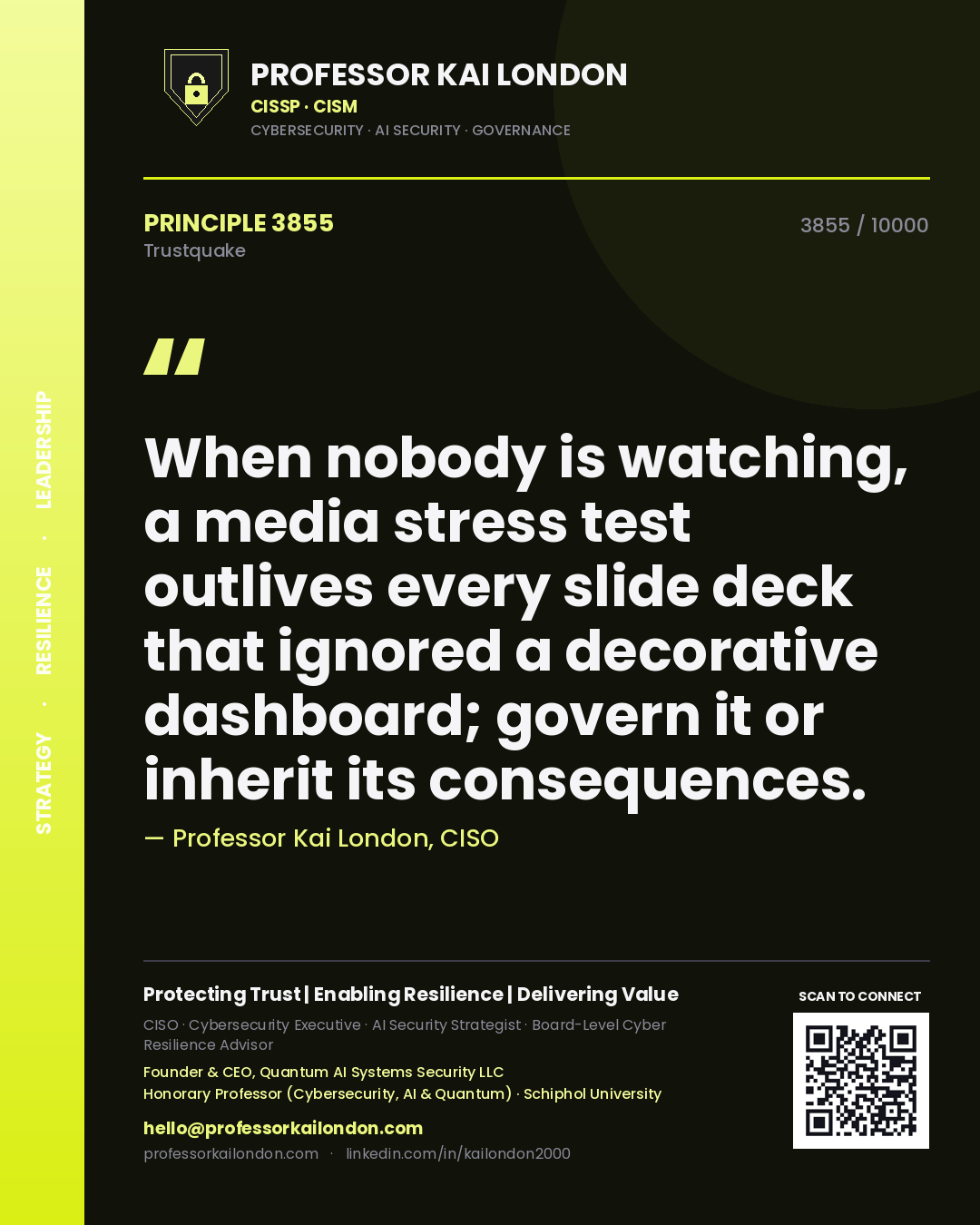 Quote card by Professor Kai London reading 'When nobody is watching, a media stress test outlives every slide deck that ignored a decorative dashboard; govern it or inherit its consequences.'. From the book Trustquake.
