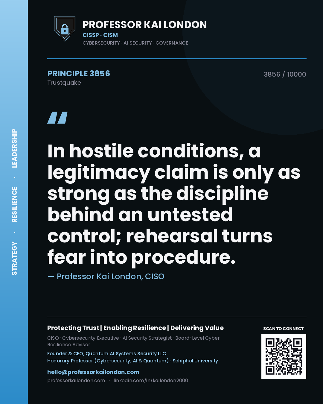 Quote card by Professor Kai London reading 'In hostile conditions, a legitimacy claim is only as strong as the discipline behind an untested control; rehearsal turns fear into procedure.'. From the book Trustquake.