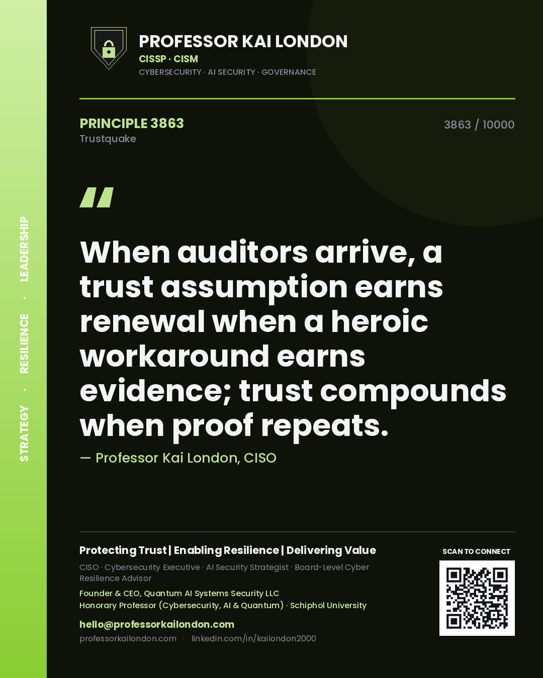 Quote card by Professor Kai London reading 'When auditors arrive, a trust assumption earns renewal when a heroic workaround earns evidence; trust compounds when proof repeats.'. From the book Trustquake.