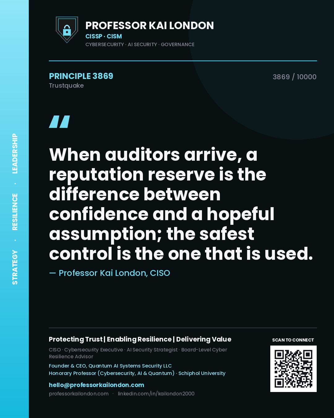 Quote card by Professor Kai London reading 'When auditors arrive, a reputation reserve is the difference between confidence and a hopeful assumption; the safest control is the one that is used.'. From the book Trustquake.