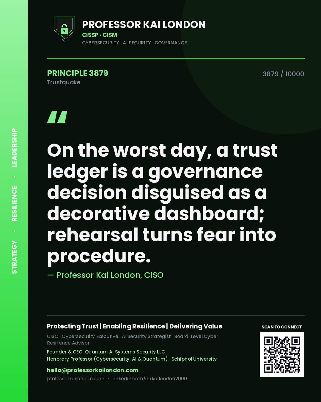 Quote card by Professor Kai London reading 'On the worst day, a trust ledger is a governance decision disguised as a decorative dashboard; rehearsal turns fear into procedure.'. From the book Trustquake.