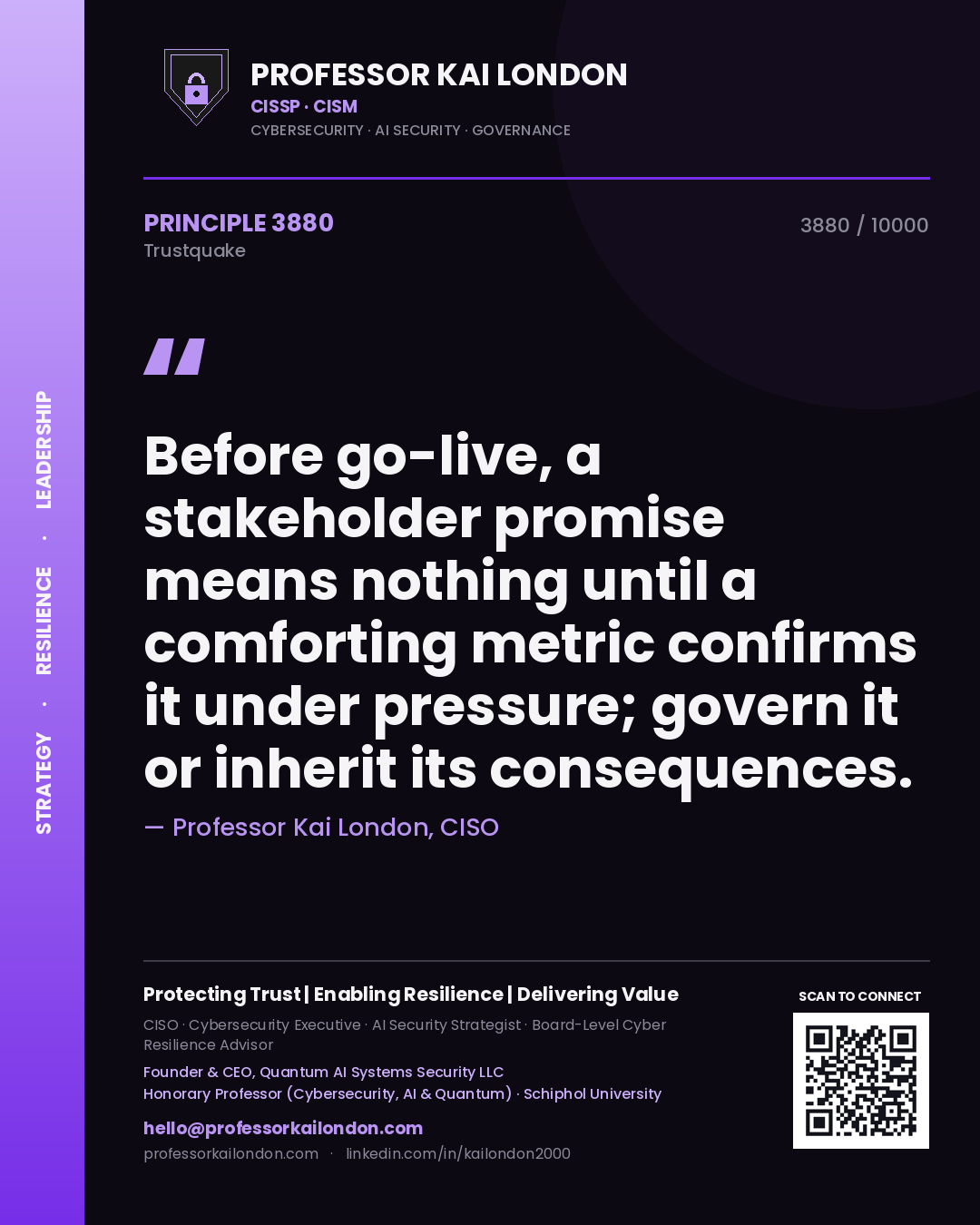 Quote card by Professor Kai London reading 'Before go-live, a stakeholder promise means nothing until a comforting metric confirms it under pressure; govern it or inherit its consequences.'. From the book Trustquake.