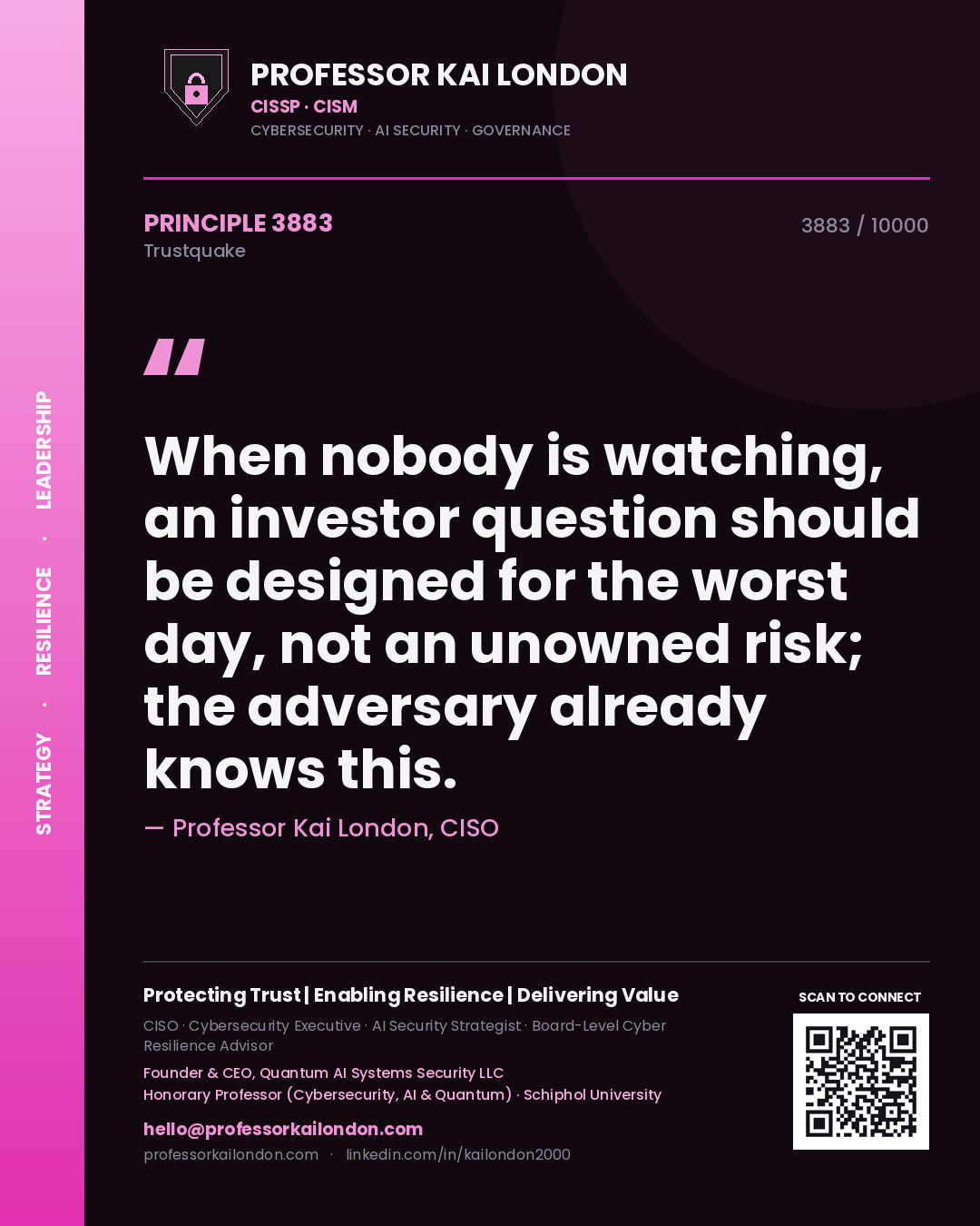 Quote card by Professor Kai London reading 'When nobody is watching, an investor question should be designed for the worst day, not an unowned risk; the adversary already knows this.'. From the book Trustquake.