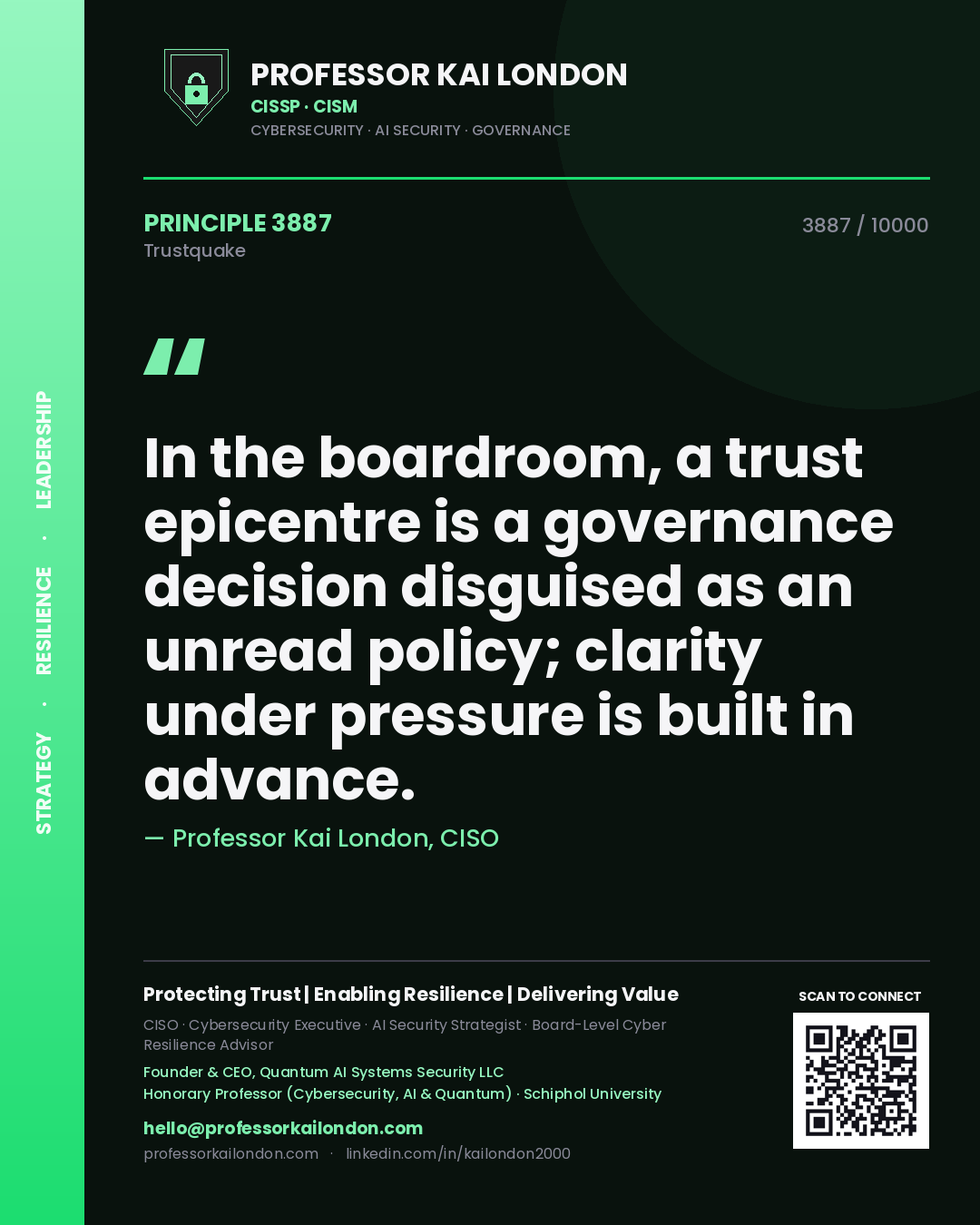 Professor Kai London principle 3887: In the boardroom, a trust epicentre is a governance decision disguised as an unread policy; clarity under pressure is built in advance.