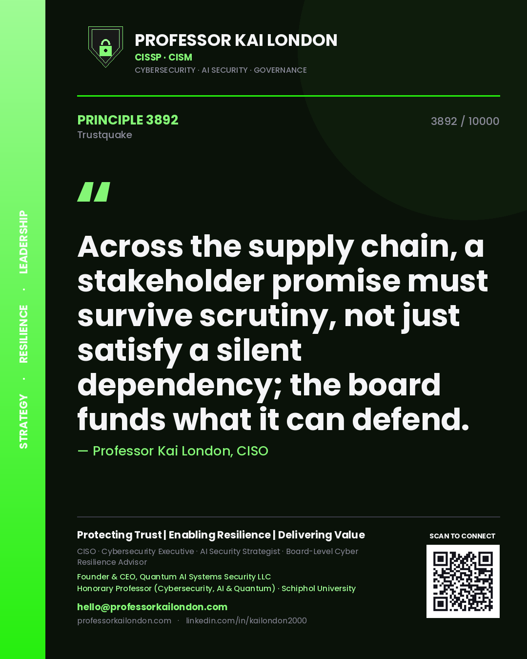 Quote card by Professor Kai London reading 'Across the supply chain, a stakeholder promise must survive scrutiny, not just satisfy a silent dependency; the board funds what it can defend.'. From the book Trustquake.