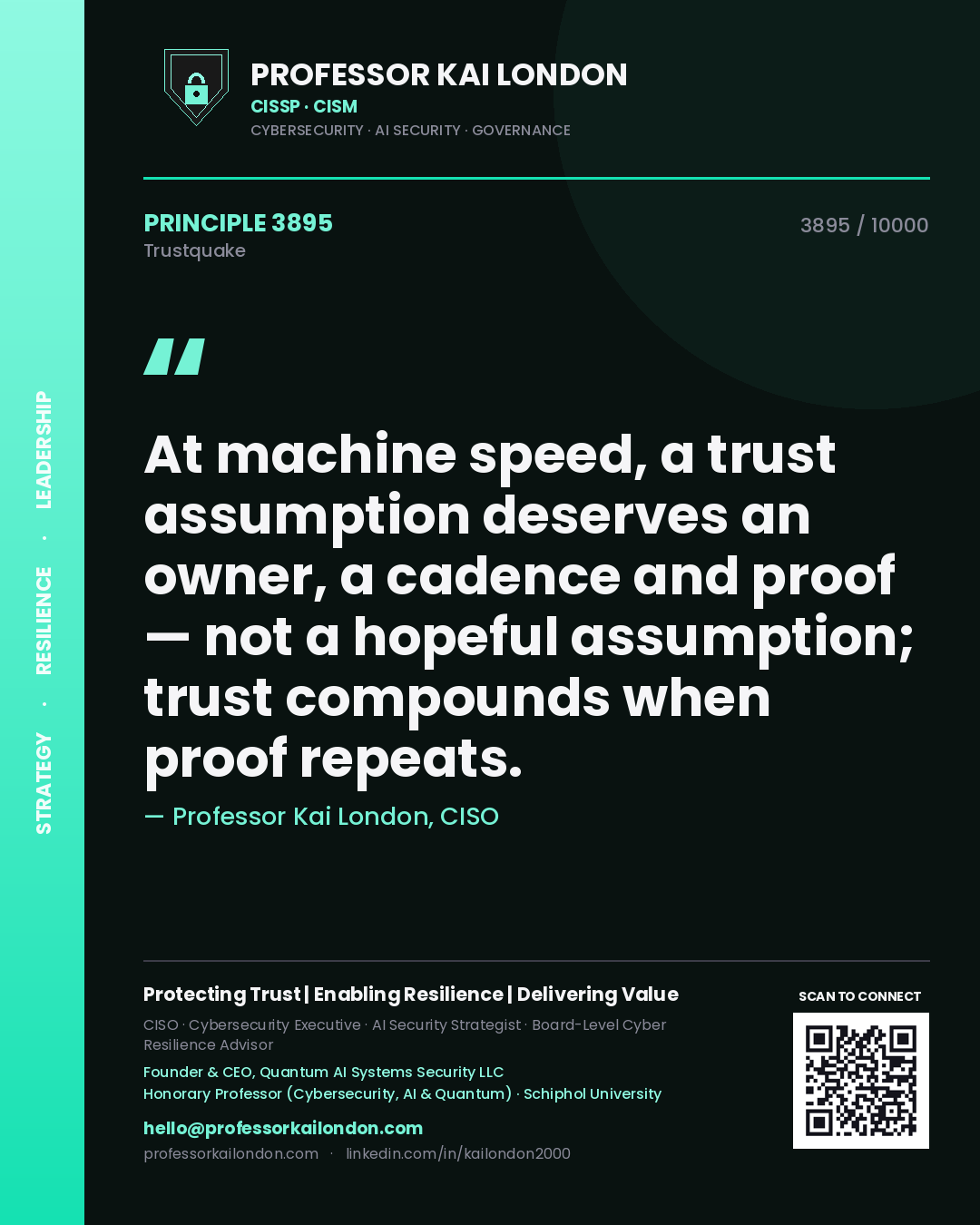 Quote card by Professor Kai London reading 'At machine speed, a trust assumption deserves an owner, a cadence and proof — not a hopeful assumption; trust compounds when proof repeats.'. From the book Trustquake.