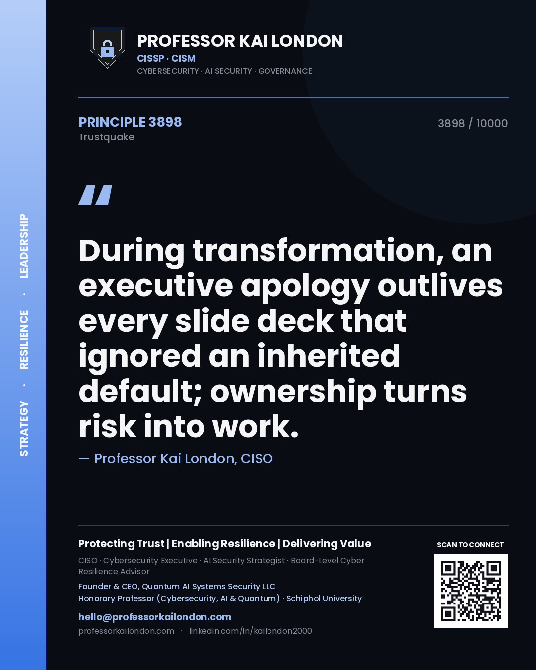 Quote card by Professor Kai London reading 'During transformation, an executive apology outlives every slide deck that ignored an inherited default; ownership turns risk into work.'. From the book Trustquake.
