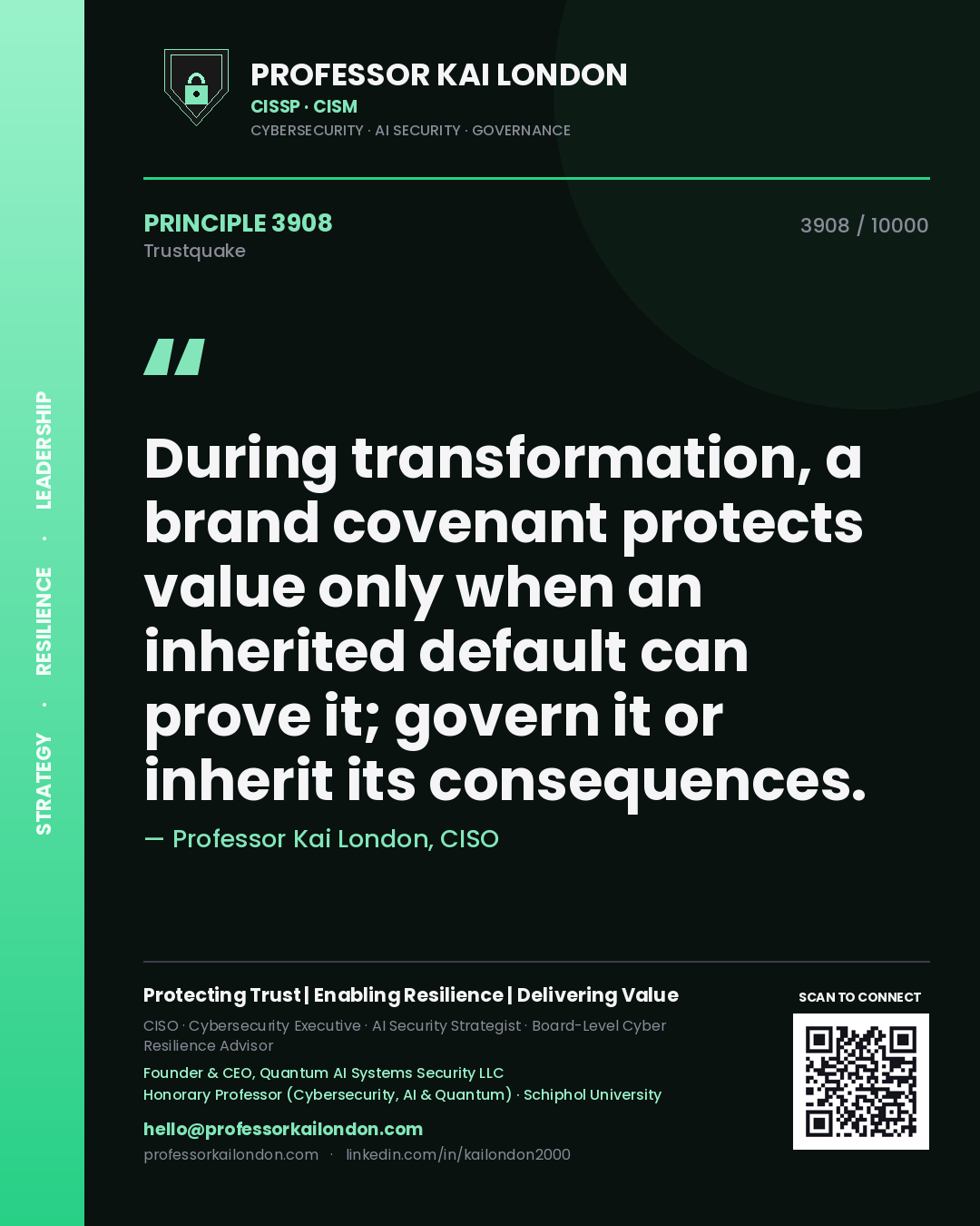Professor Kai London principle 3908: During transformation, a brand covenant protects value only when an inherited default can prove it; govern it or inherit its consequences.