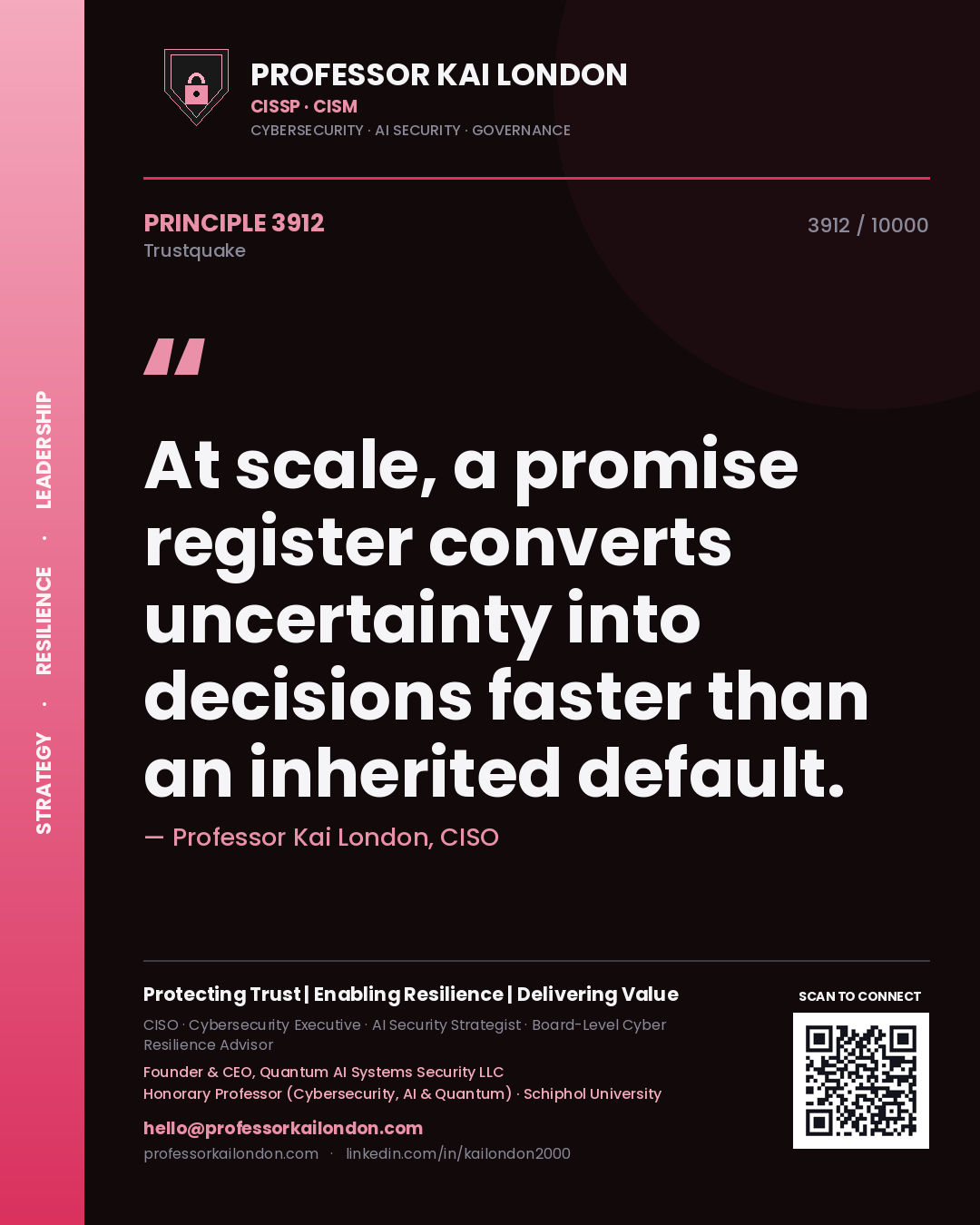 Professor Kai London principle 3912: At scale, a promise register converts uncertainty into decisions faster than an inherited default.
