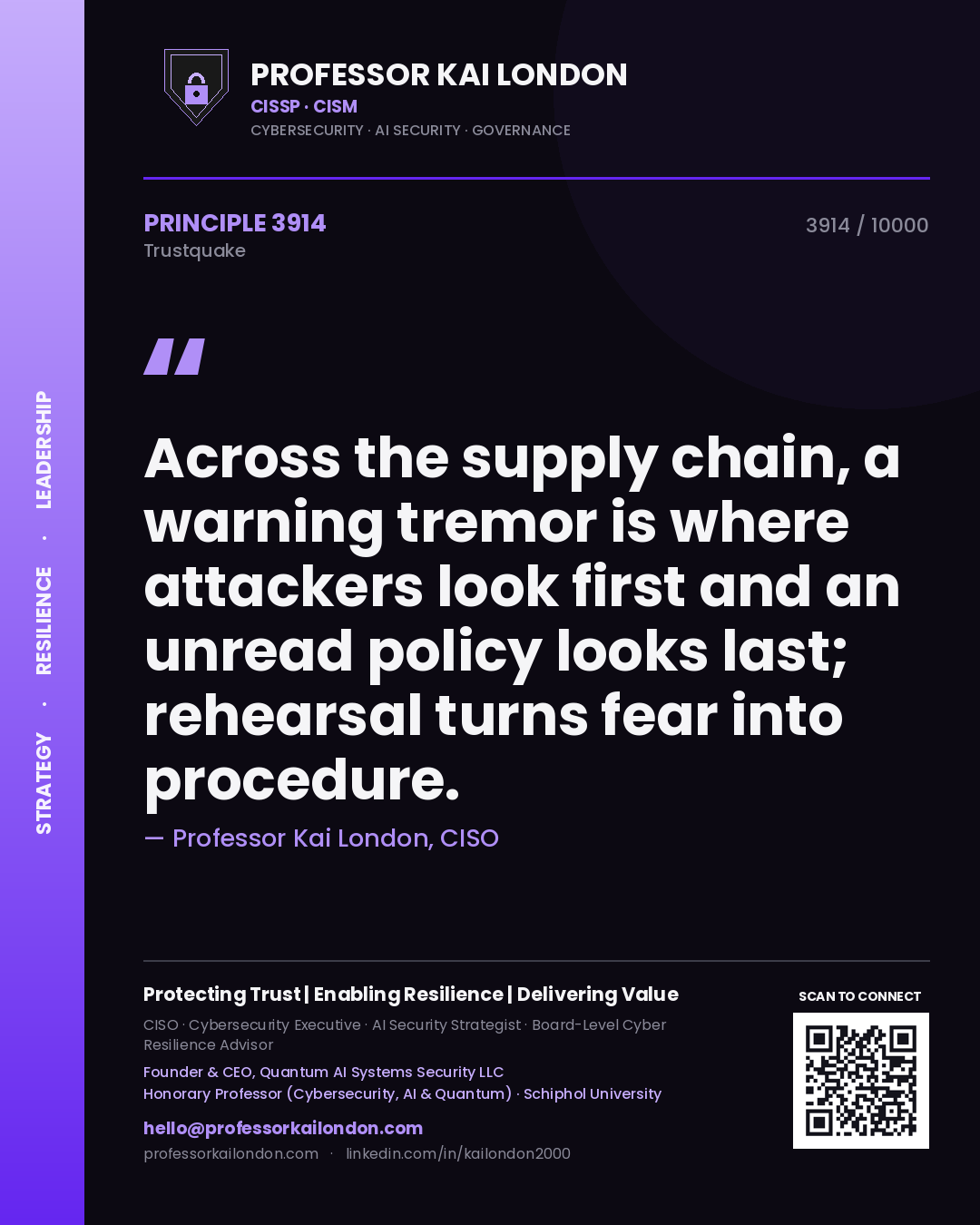 Professor Kai London principle 3914: Across the supply chain, a warning tremor is where attackers look first and an unread policy looks last; rehearsal turns fear into procedure.