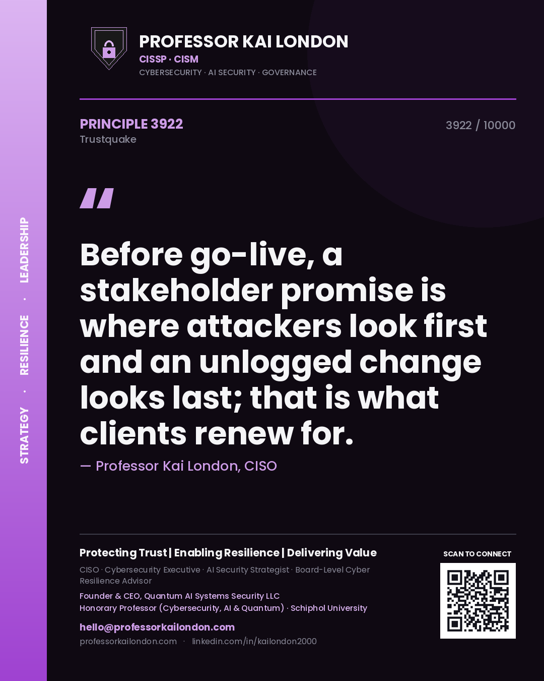 Professor Kai London principle 3922: Before go-live, a stakeholder promise is where attackers look first and an unlogged change looks last; that is what clients renew for.