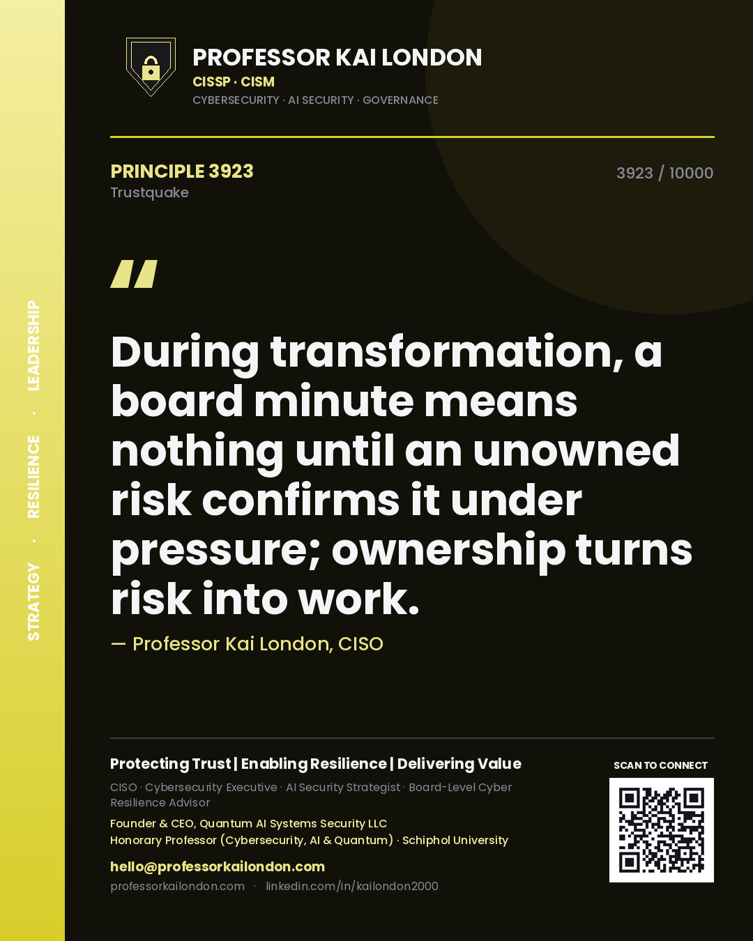 Quote card by Professor Kai London reading 'During transformation, a board minute means nothing until an unowned risk confirms it under pressure; ownership turns risk into work.'. From the book Trustquake.