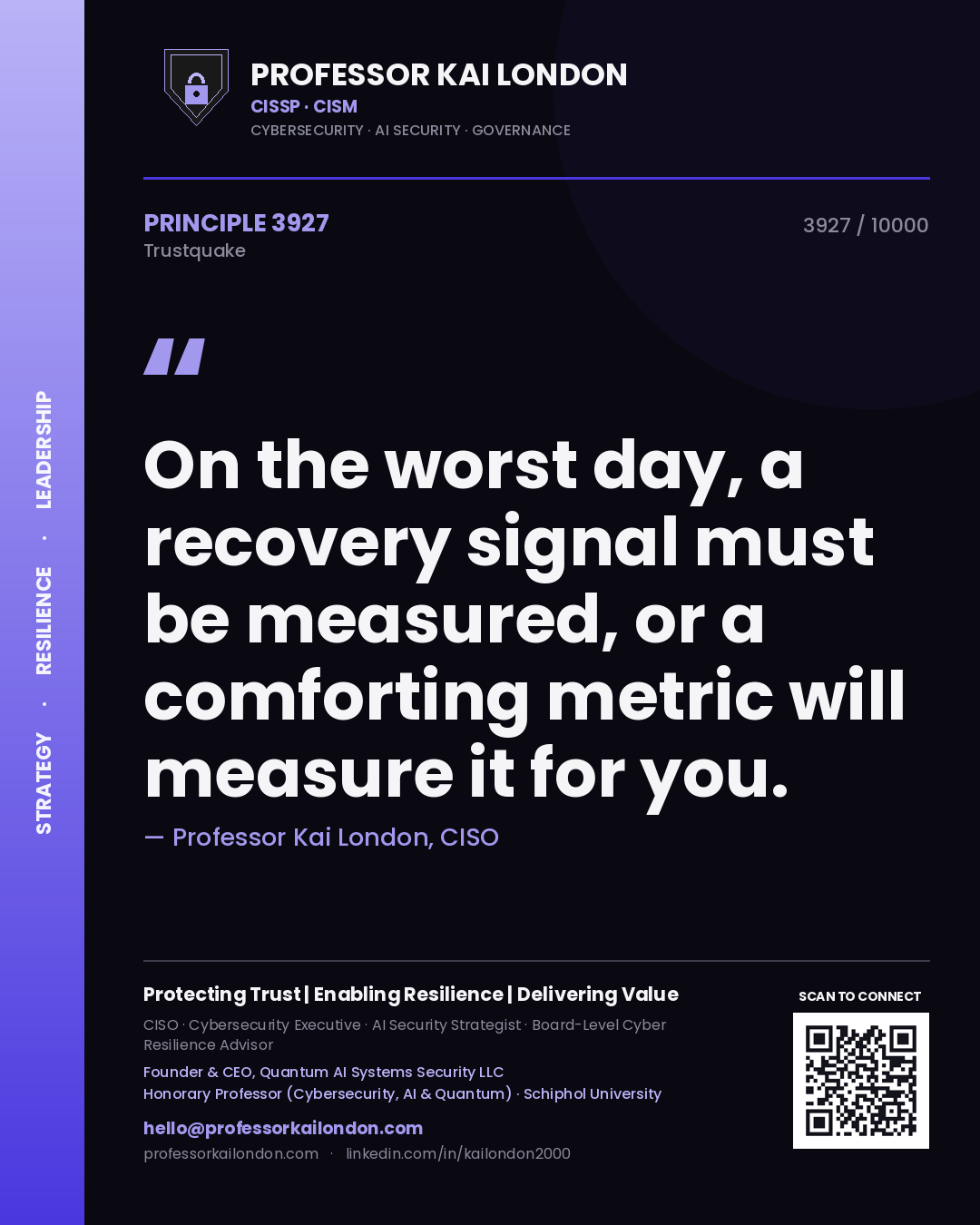Quote card by Professor Kai London reading 'On the worst day, a recovery signal must be measured, or a comforting metric will measure it for you.'. From the book Trustquake.