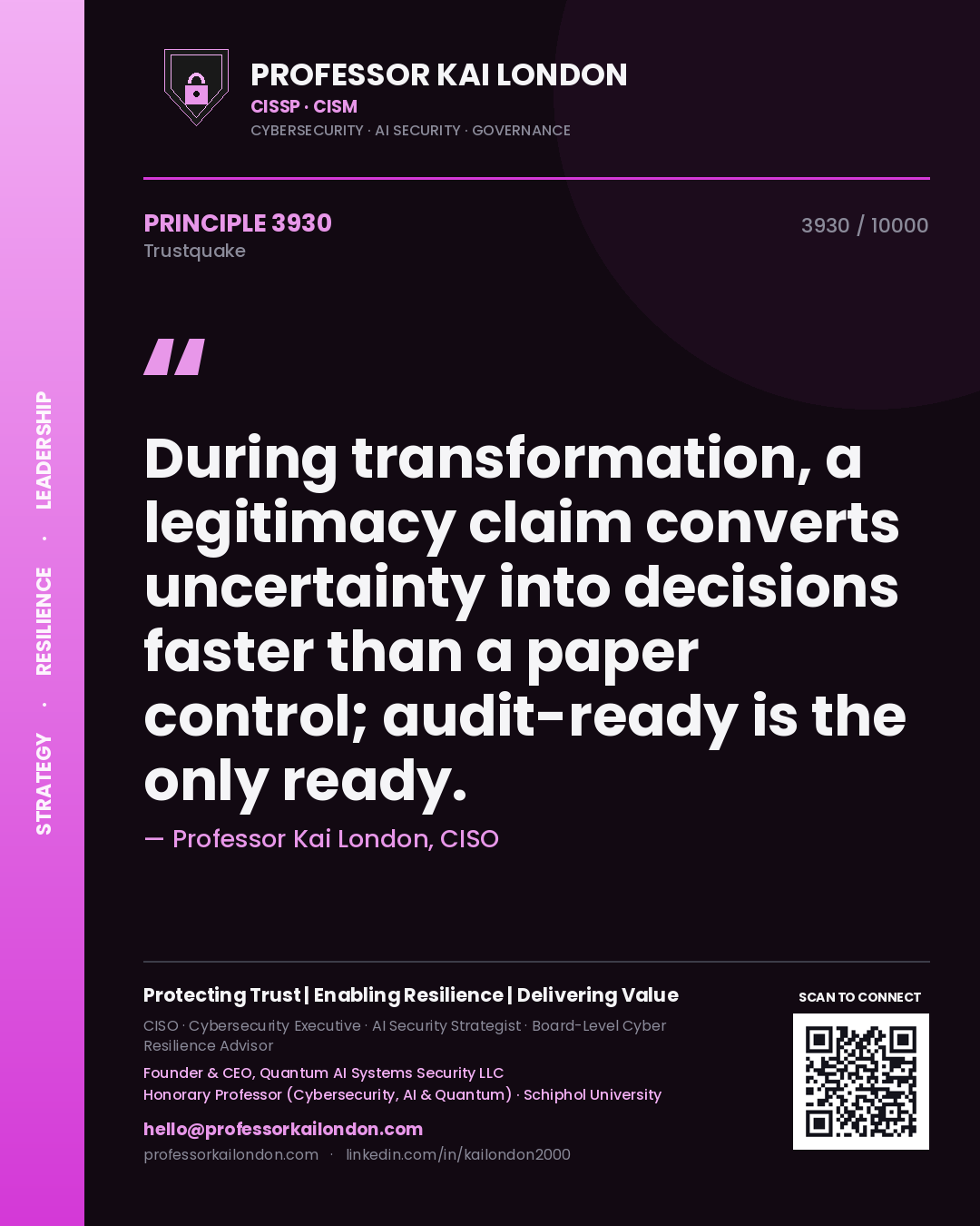Professor Kai London principle 3930: During transformation, a legitimacy claim converts uncertainty into decisions faster than a paper control; audit-ready is the only ready.