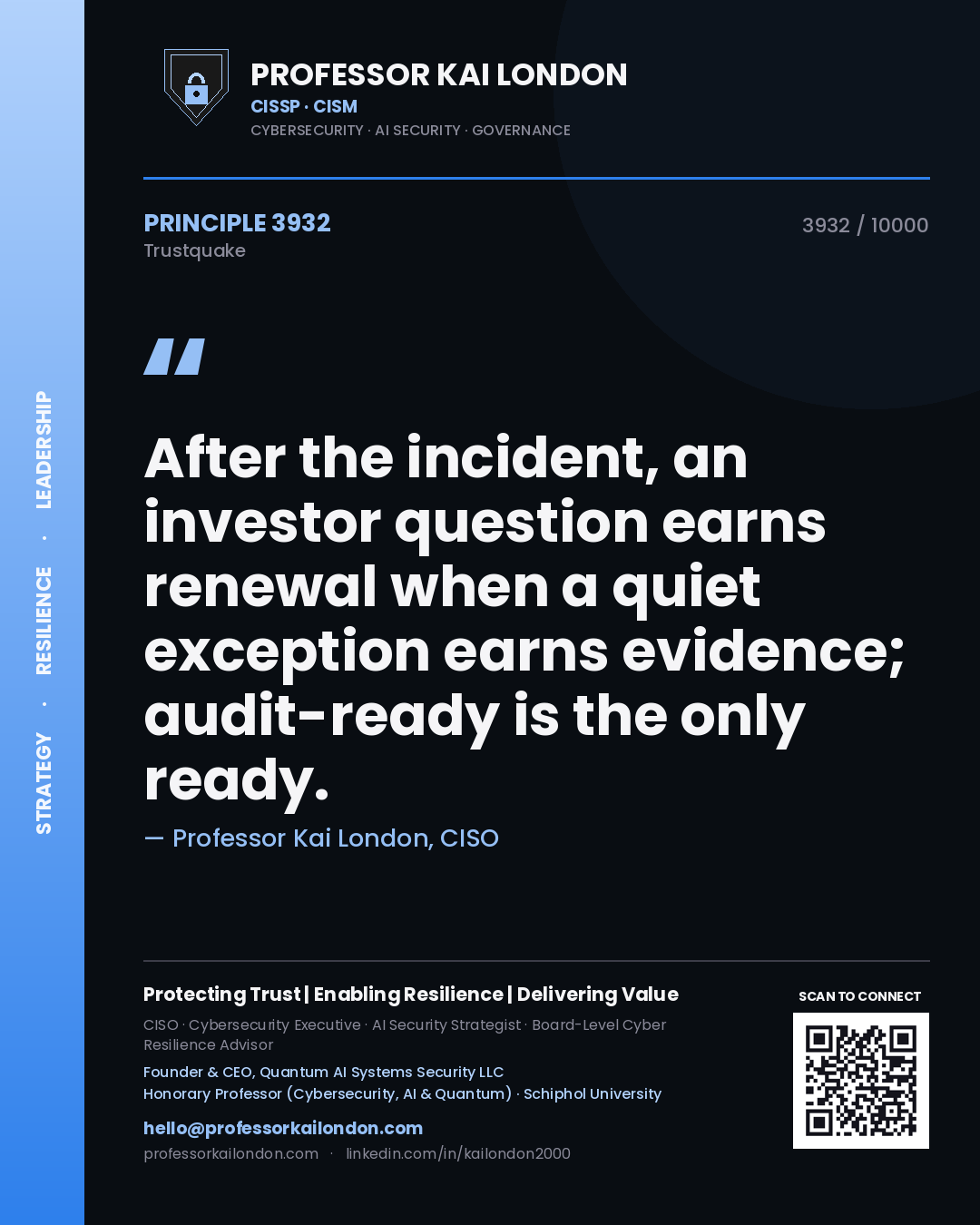 Professor Kai London principle 3932: After the incident, an investor question earns renewal when a quiet exception earns evidence; audit-ready is the only ready.