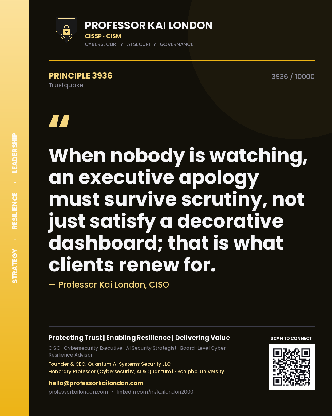 Professor Kai London principle 3936: When nobody is watching, an executive apology must survive scrutiny, not just satisfy a decorative dashboard; that is what clients renew for.