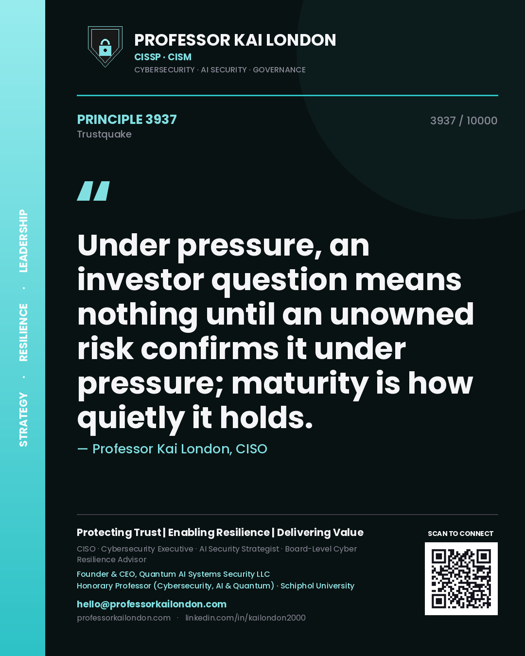 Professor Kai London principle 3937: Under pressure, an investor question means nothing until an unowned risk confirms it under pressure; maturity is how quietly it holds.