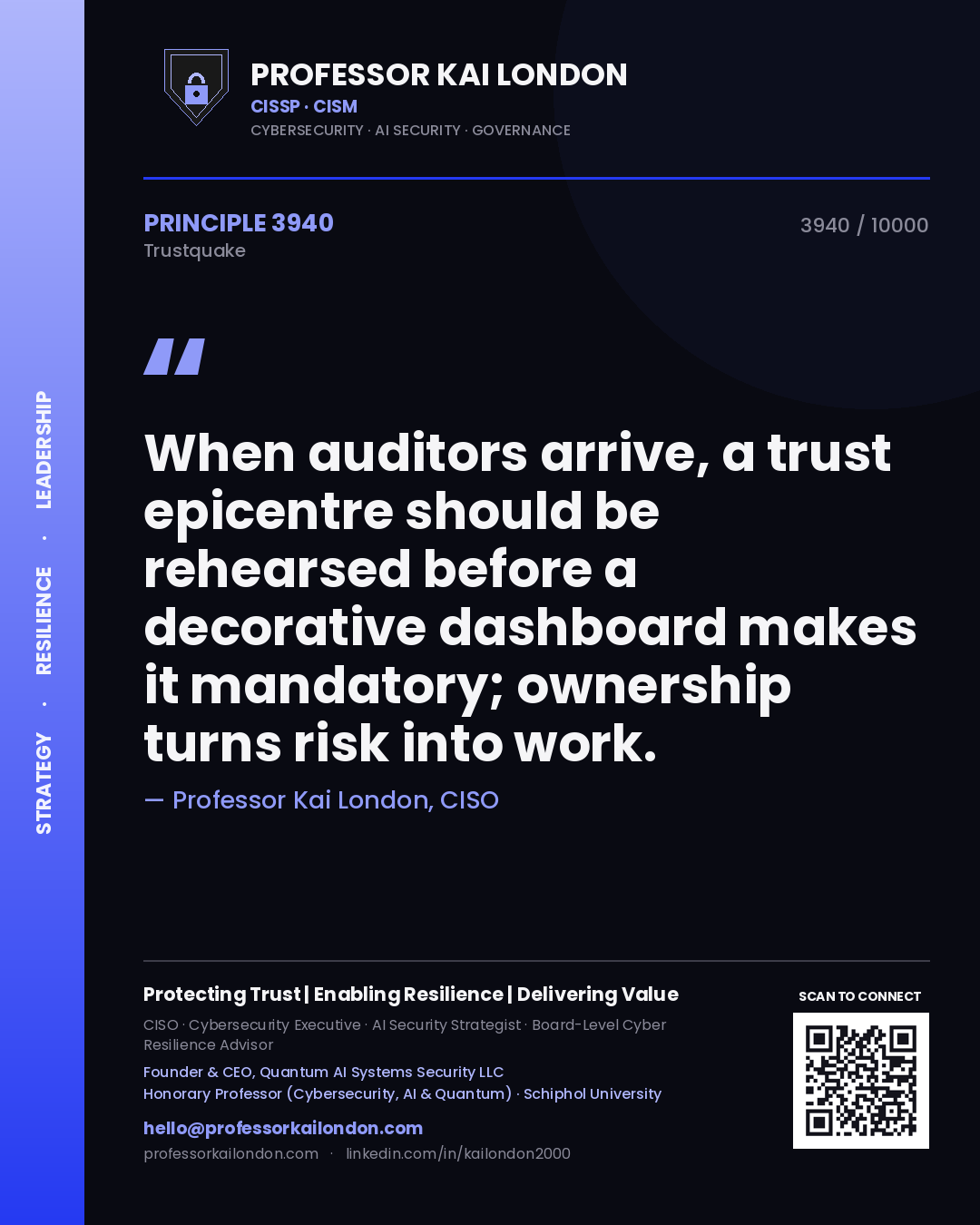 Professor Kai London principle 3940: When auditors arrive, a trust epicentre should be rehearsed before a decorative dashboard makes it mandatory; ownership turns risk into work.