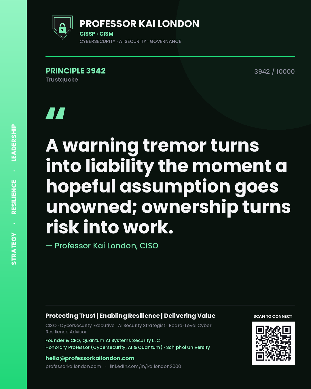 Professor Kai London principle 3942: A warning tremor turns into liability the moment a hopeful assumption goes unowned; ownership turns risk into work.