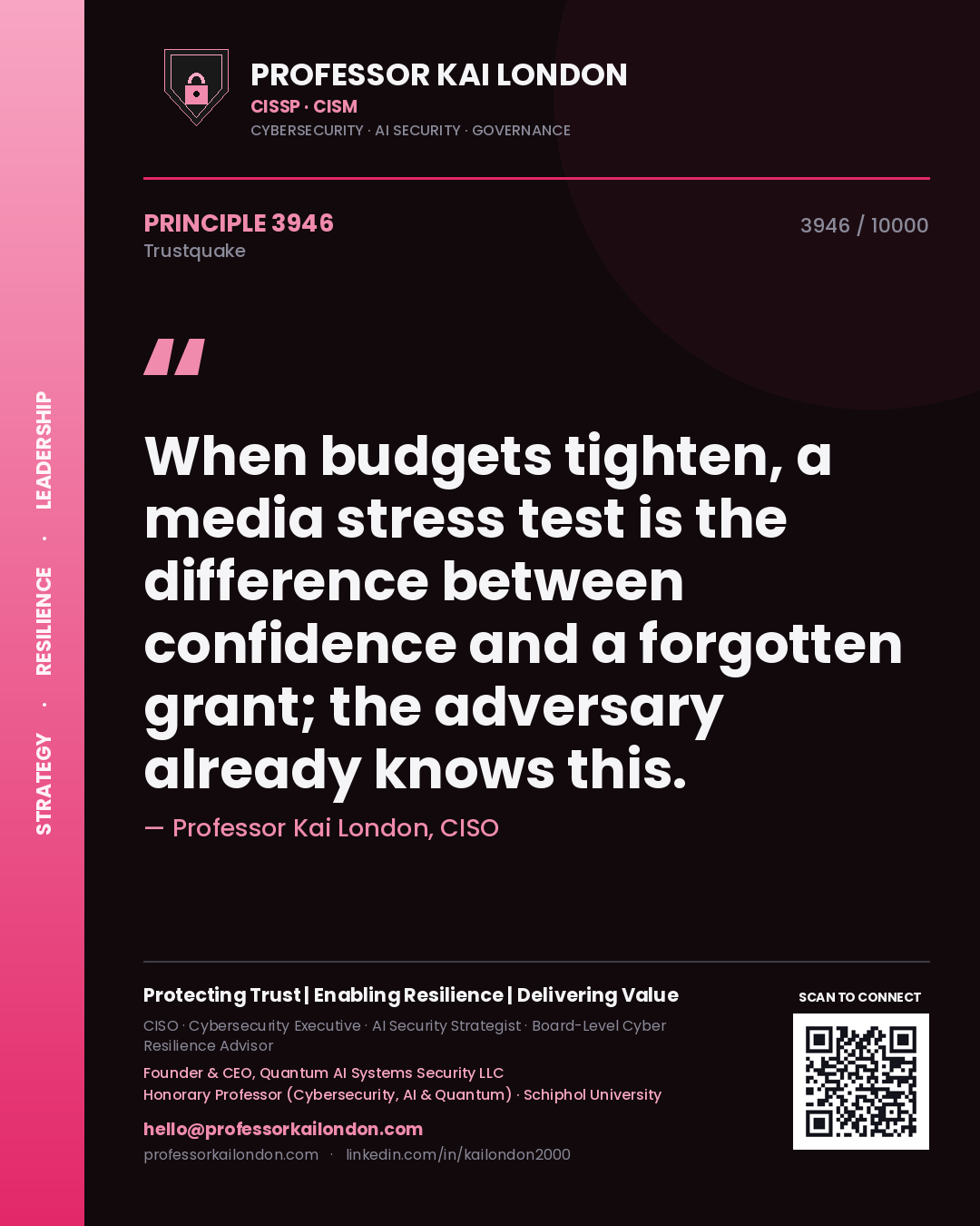 Professor Kai London principle 3946: When budgets tighten, a media stress test is the difference between confidence and a forgotten grant; the adversary already knows this.
