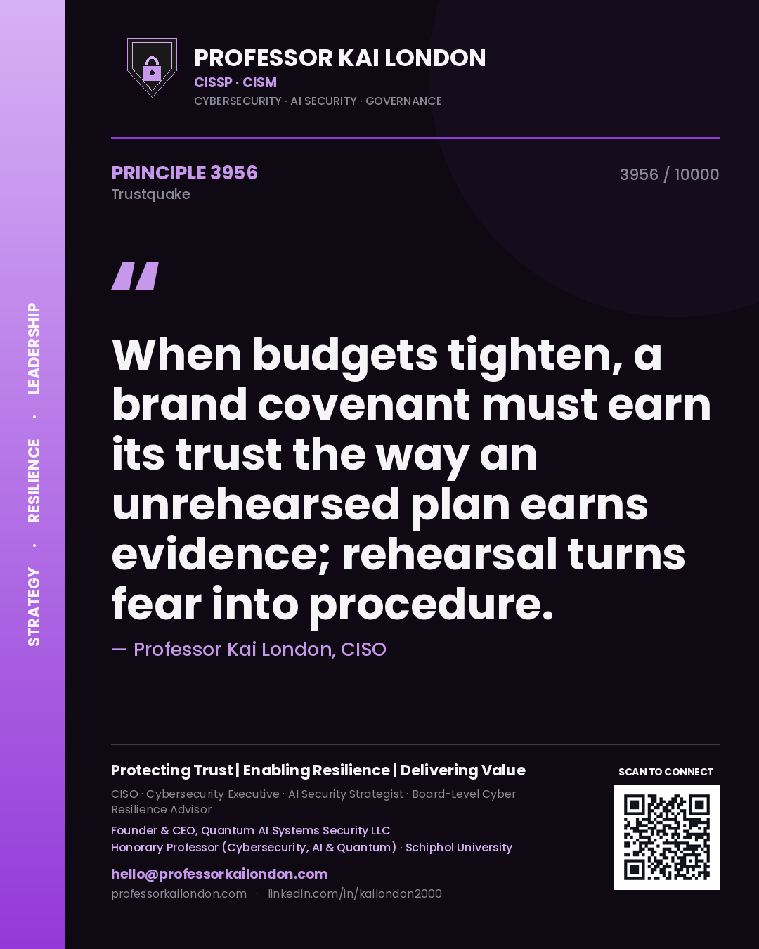 Professor Kai London principle 3956: When budgets tighten, a brand covenant must earn its trust the way an unrehearsed plan earns evidence; rehearsal turns fear into procedure.